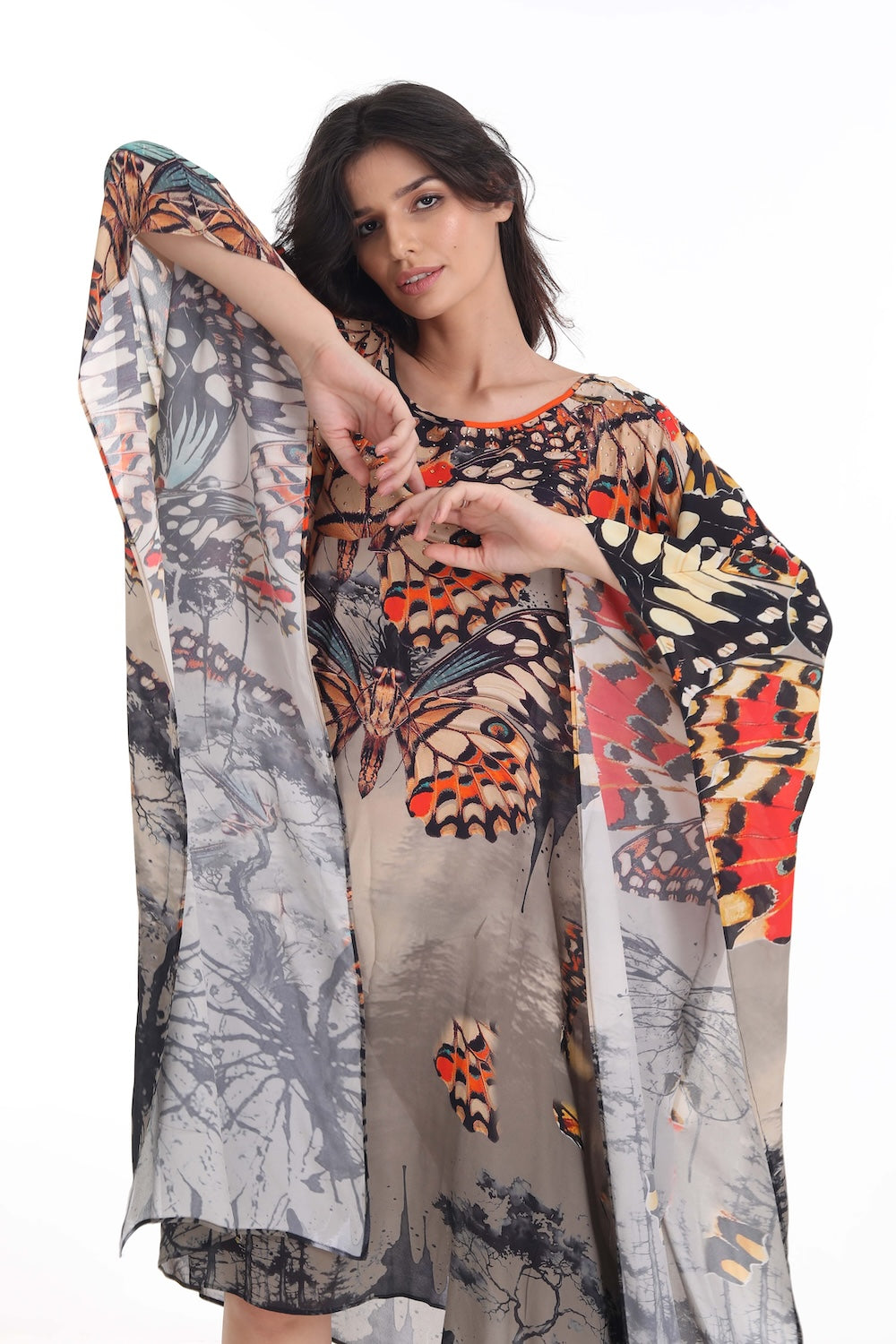 Front view of the Orange, White & Black Corasone Short Kaftan (TheSwankStore) Soft Viscose fabric