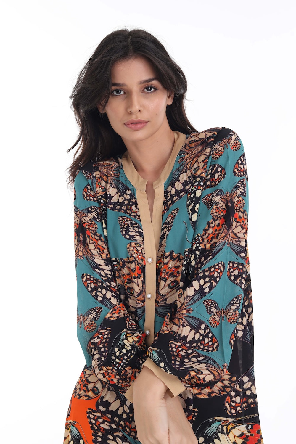 Front view of the Orange, White & Black Corasone Ava Dress (TheSwankStore) Soft Viscose fabric