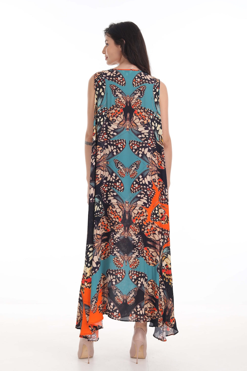 Back view of the Orange, White & Black Corasone Sleeveless Maxi Dress (TheSwankStore) Soft Viscose fabric
