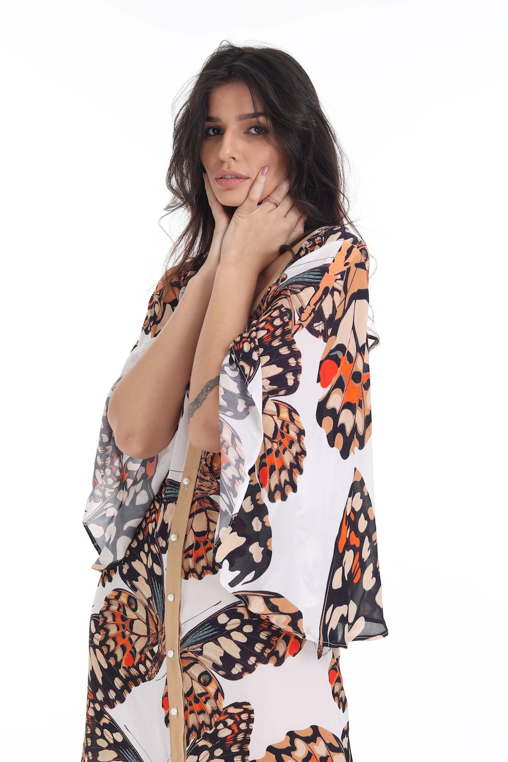 Side view of the Orange, White & Black Corasone Maxi Sun Dress (TheSwankStore) Soft Viscose fabric