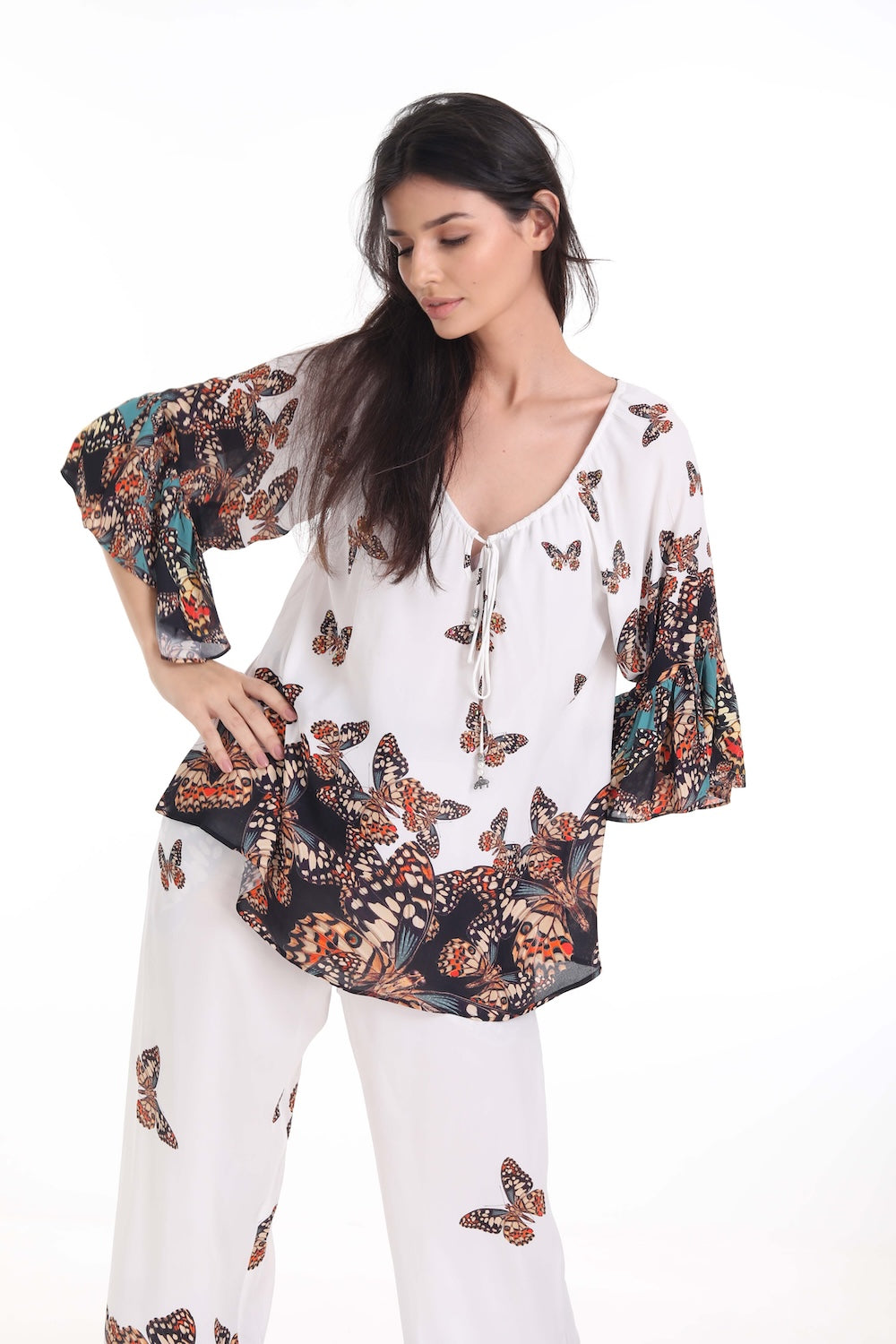 Front view of the Orange, White & Black Corasone Gypsy Tunic (TheSwankStore) Soft Viscose fabric