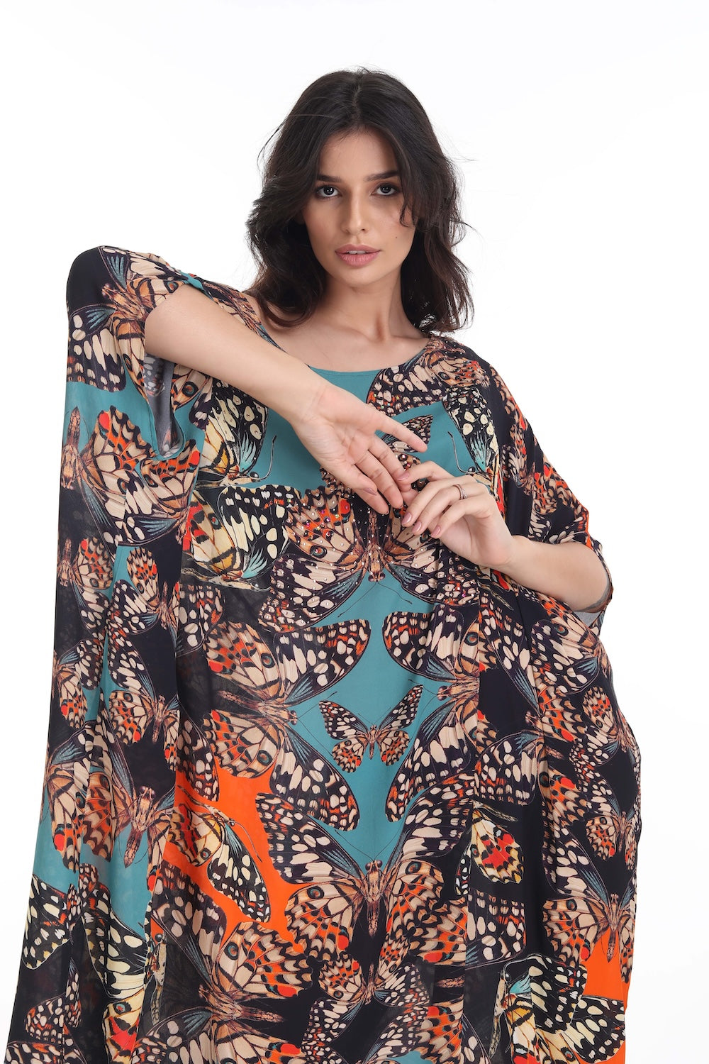 Front view of the Orange, White & Black Corasone Box Kaftan (TheSwankStore) Soft Viscose fabric