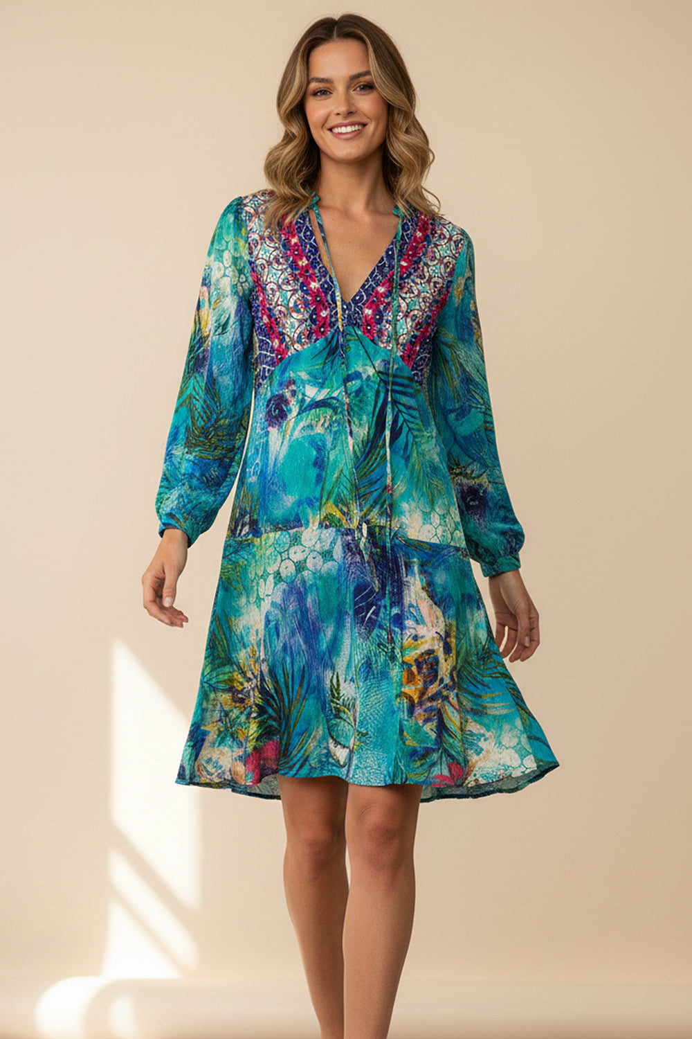 AMAZONIA - MINI DRESS WITH SLEEVE 100% Silk (Size - S/M) - TheSwankStore