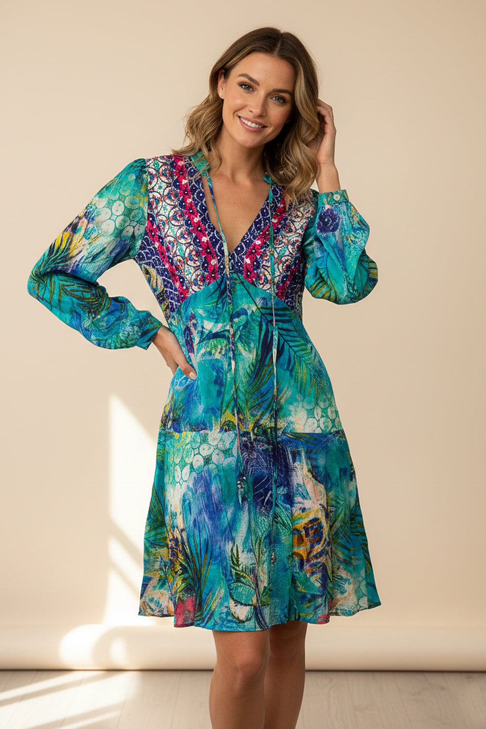 AMAZONIA - MINI DRESS WITH SLEEVE 100% Silk (Size - S/M) - TheSwankStore