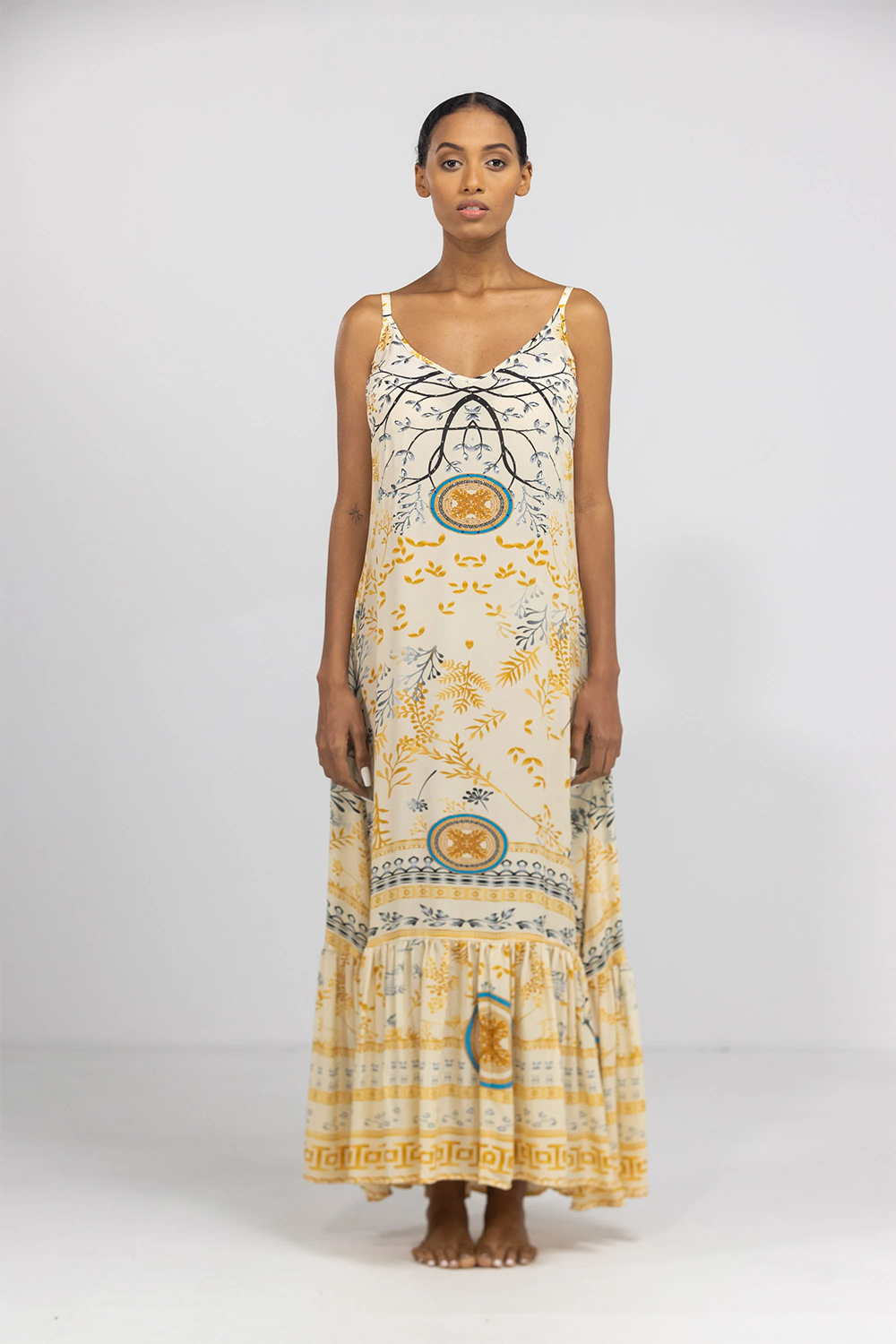 BRISBANE - FRILL STRAP MAXI DRESS 100% Silk (Size - S/M) - TheSwankStore