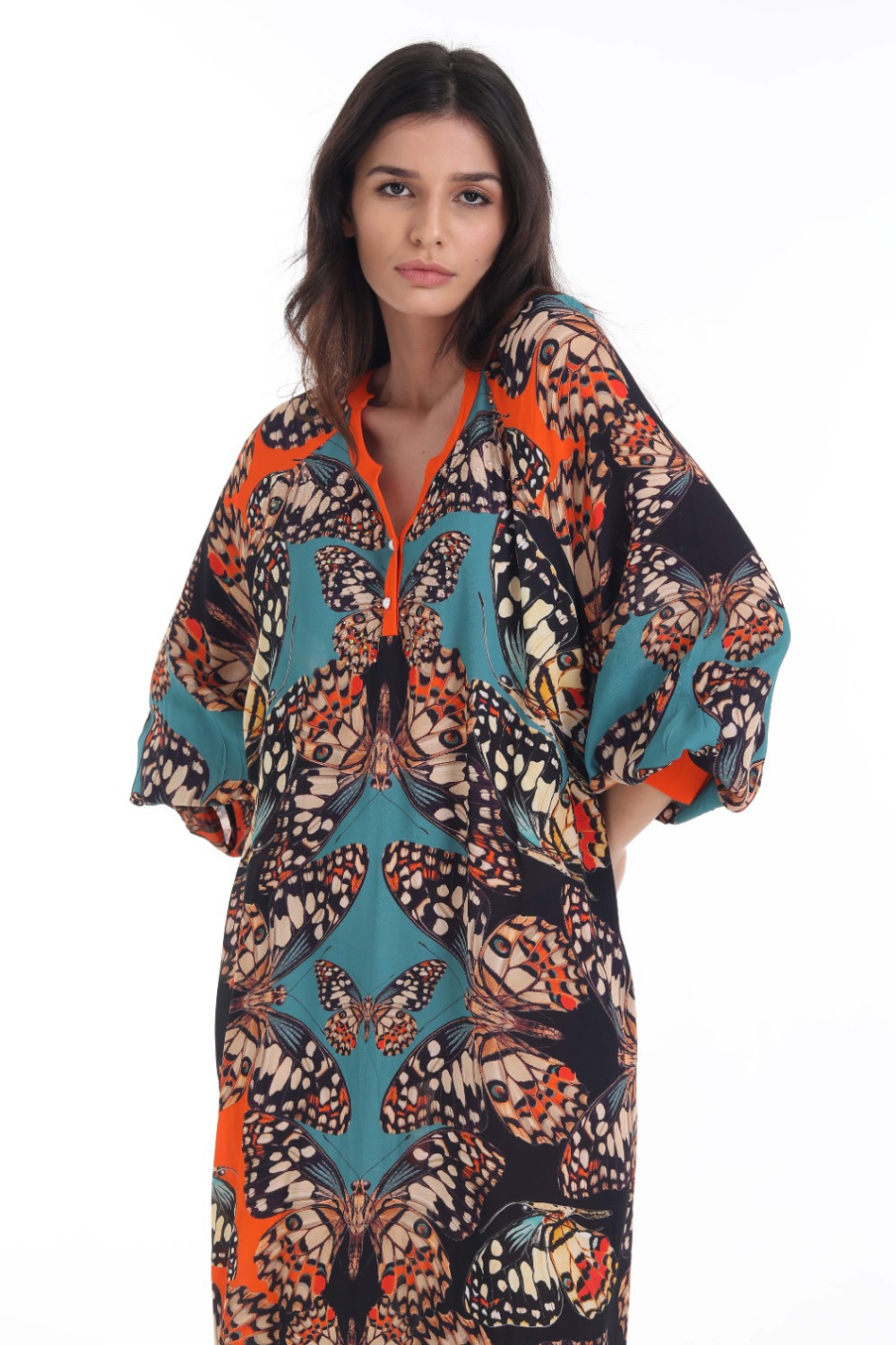 Close-up of the Bondi Resortwear Corasone Cynthia Long Tunic showcasing its vibrant prints and coastal charm