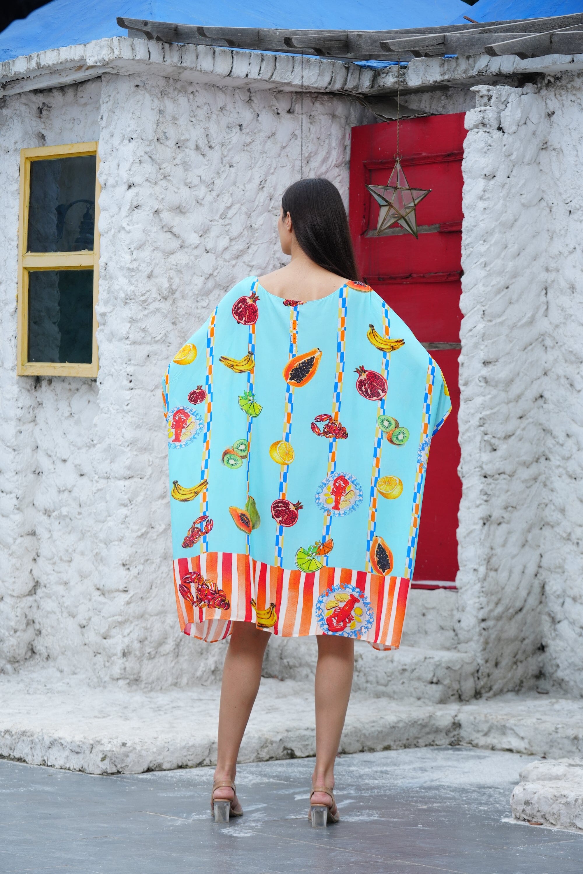 Back view of the Green, Yellow and Orange Lucciano Short Box Kaftan (TheSwankStore) Soft Viscose fabric