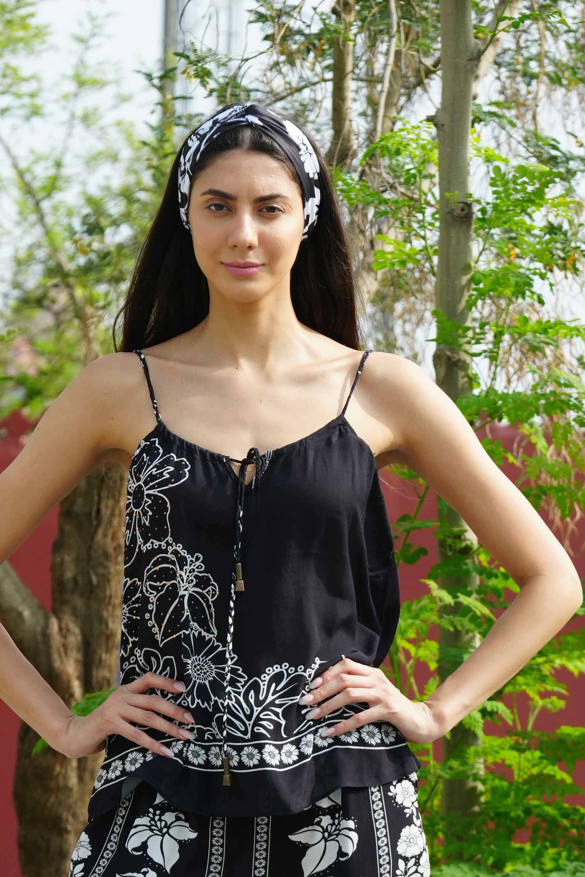 Front view of the black and white AVANTI - CAMI TOP | Lightweight and chic design with Viscose Fabric