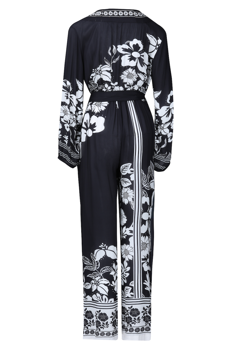 Back view of the black and white Avanti Luxe Jumpsuit (TheSwankStore) Viscose fabric