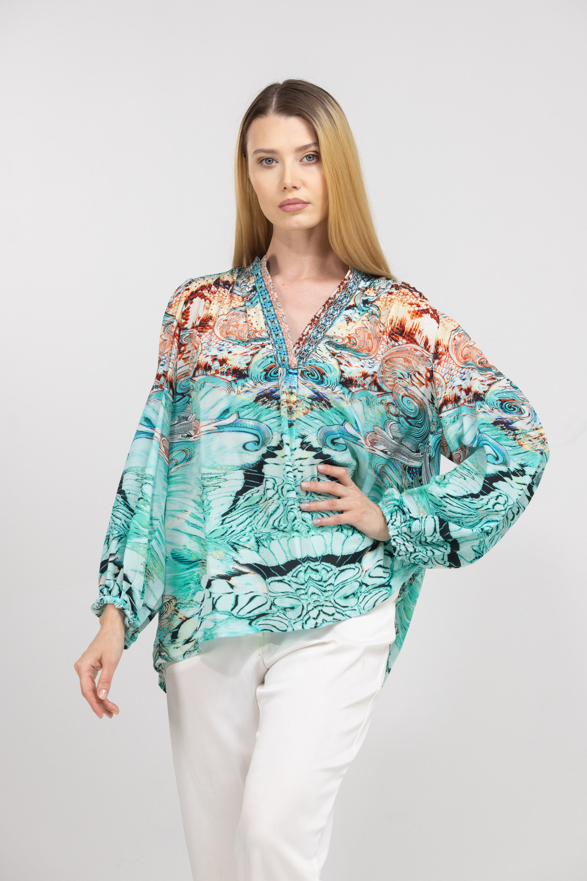 GOLD COAST - V NECK TOP 100% Silk (Size - M/L) - TheSwankStore