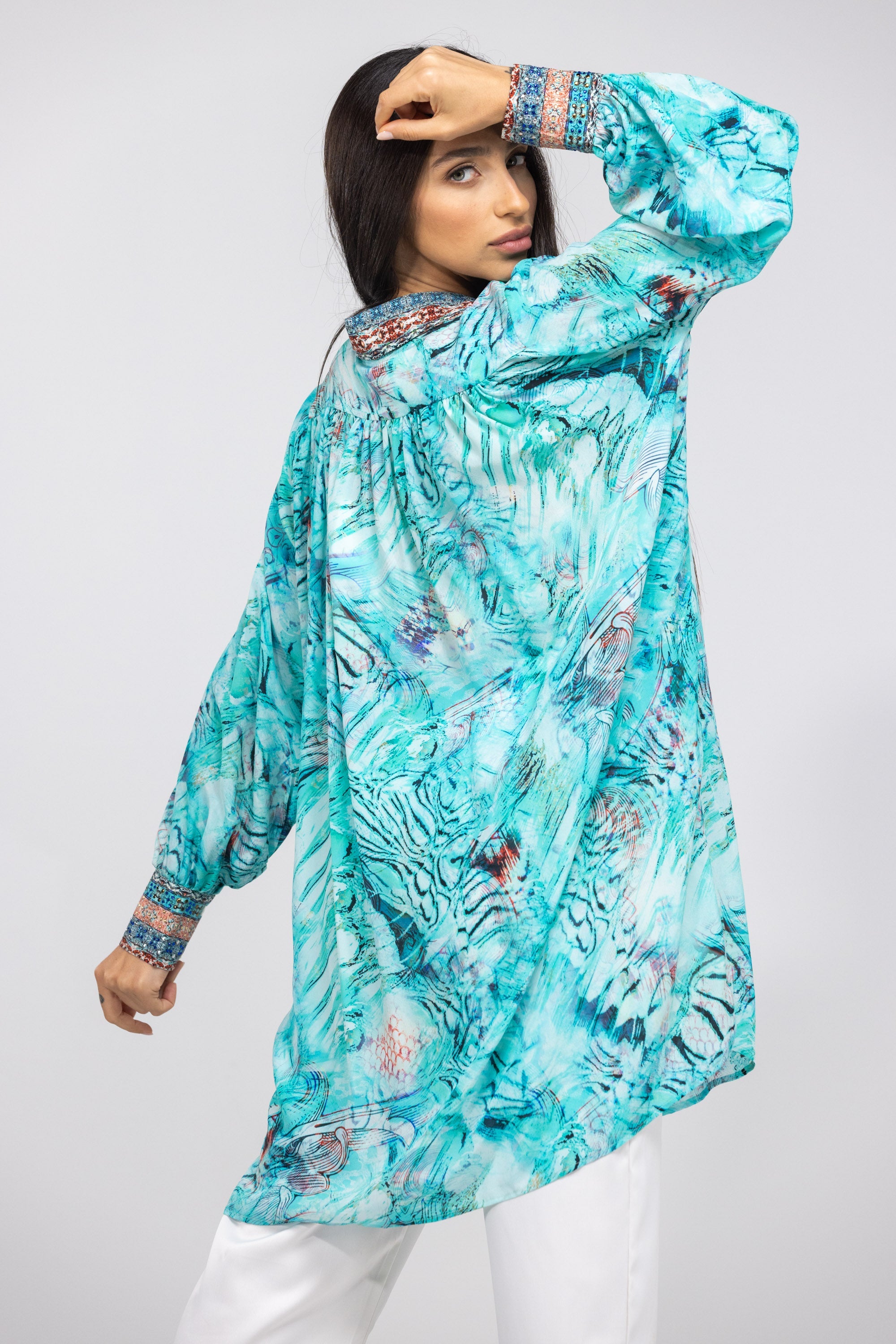 GOLDCOAST - PUFF SLEEVE DRESS 100% Silk (Size - M/L) - TheSwankStore
