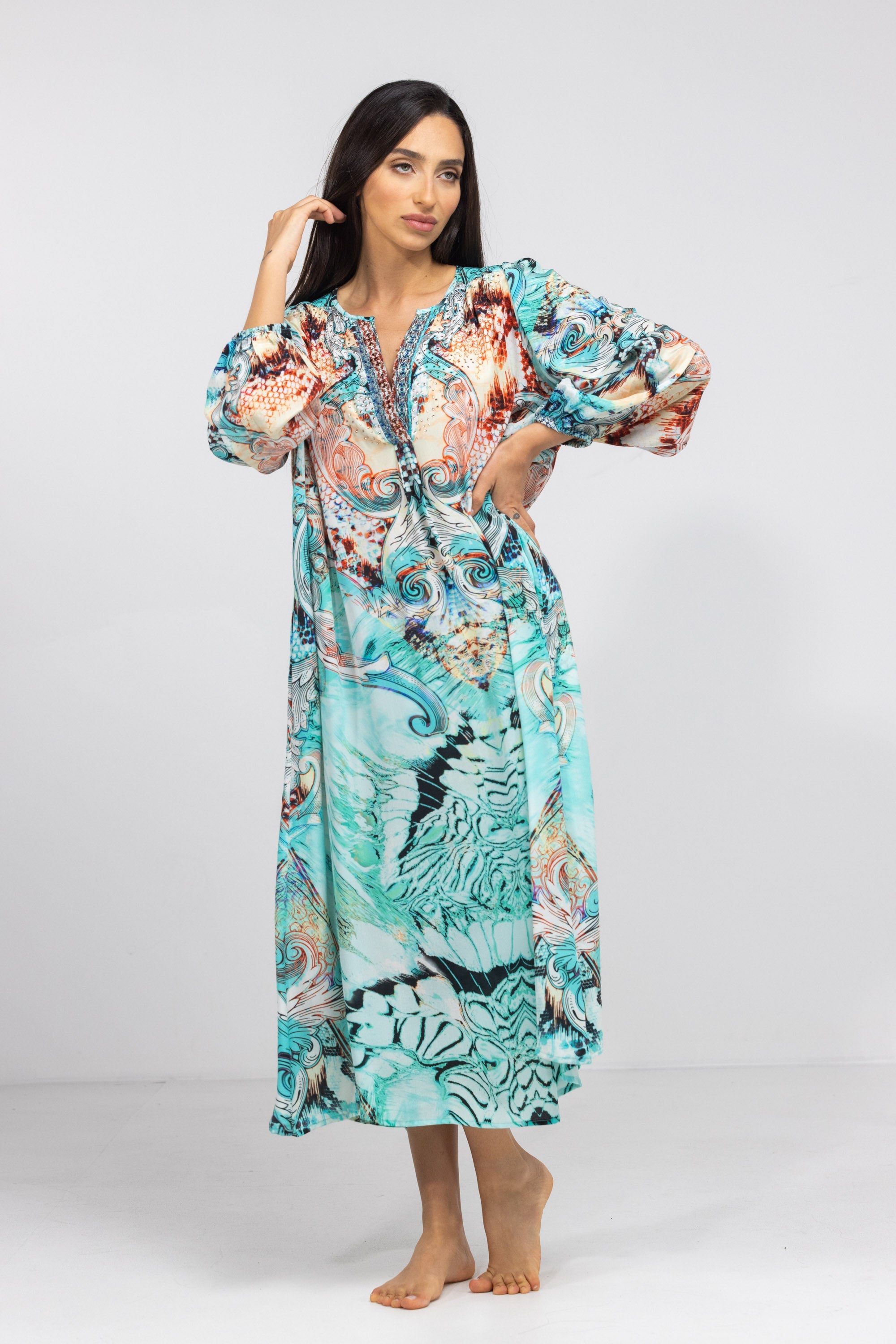 GOLDCOAST - V NECK DRESS LONG 100% Silk (Size - S/M) - TheSwankStore