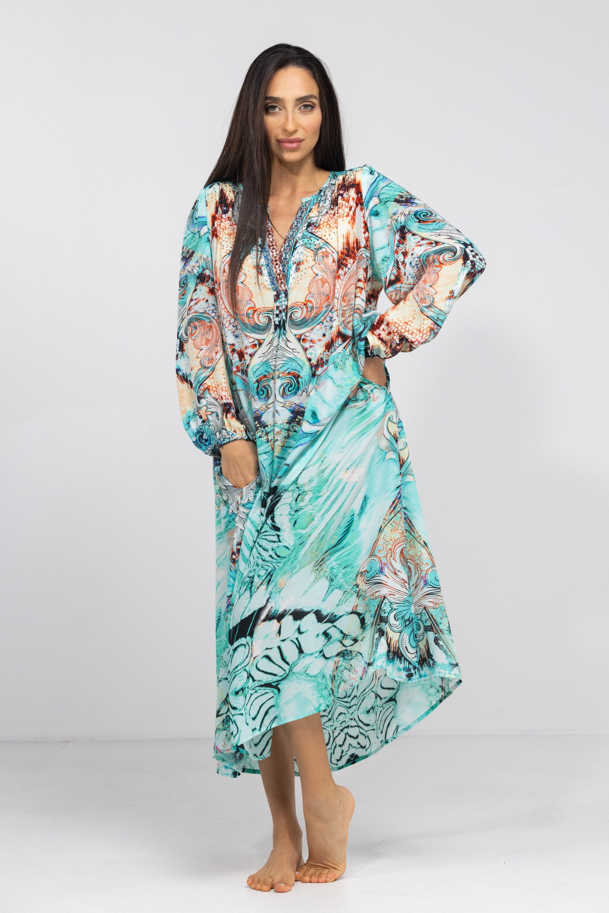 GOLDCOAST - V NECK DRESS LONG 100% Silk (Size - S/M) - TheSwankStore