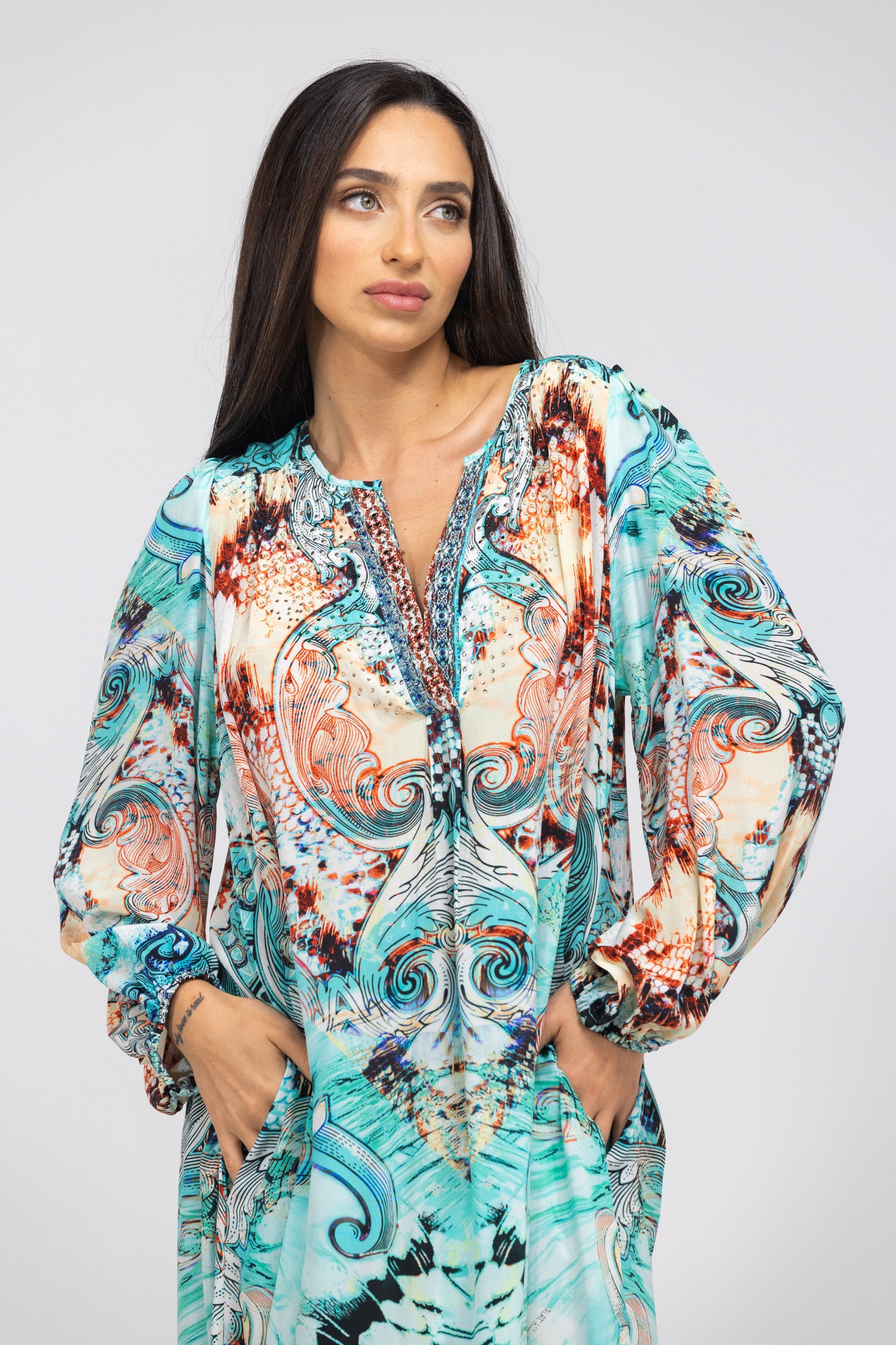 GOLDCOAST - V NECK DRESS LONG 100% Silk (Size - S/M) - TheSwankStore
