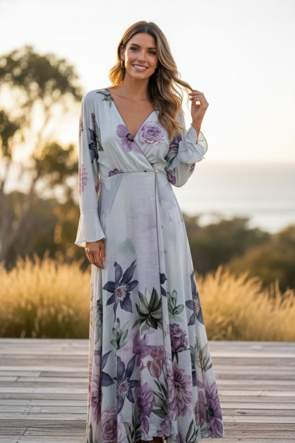Front view of the Bondi Resortwear Maric Floral Robe Dress styled as refined coastal resort wear in Australia
