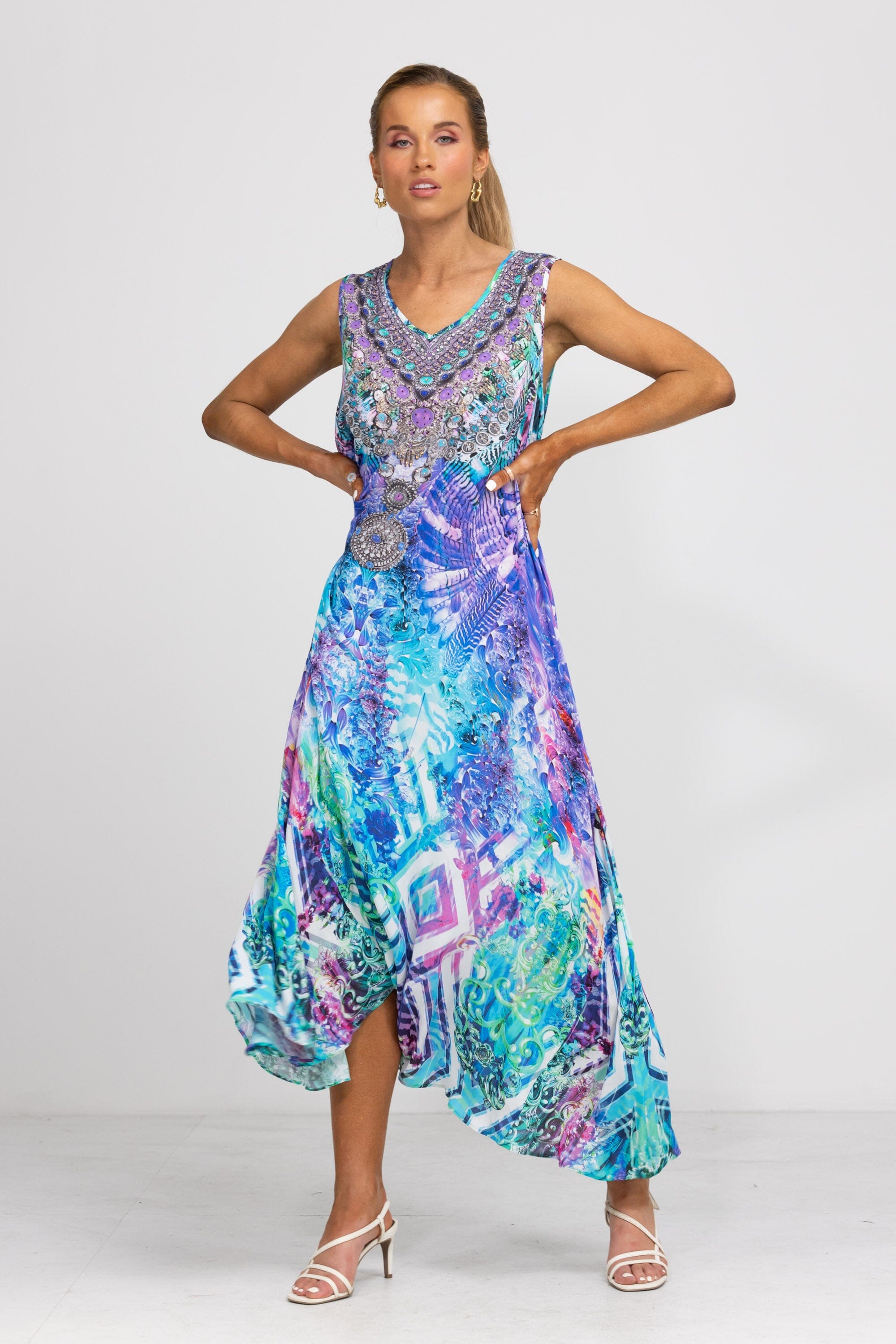 Australian resort wear look featuring the Bondi Resortwear Zaffari Maxi Dress in vibrant coastal tones
