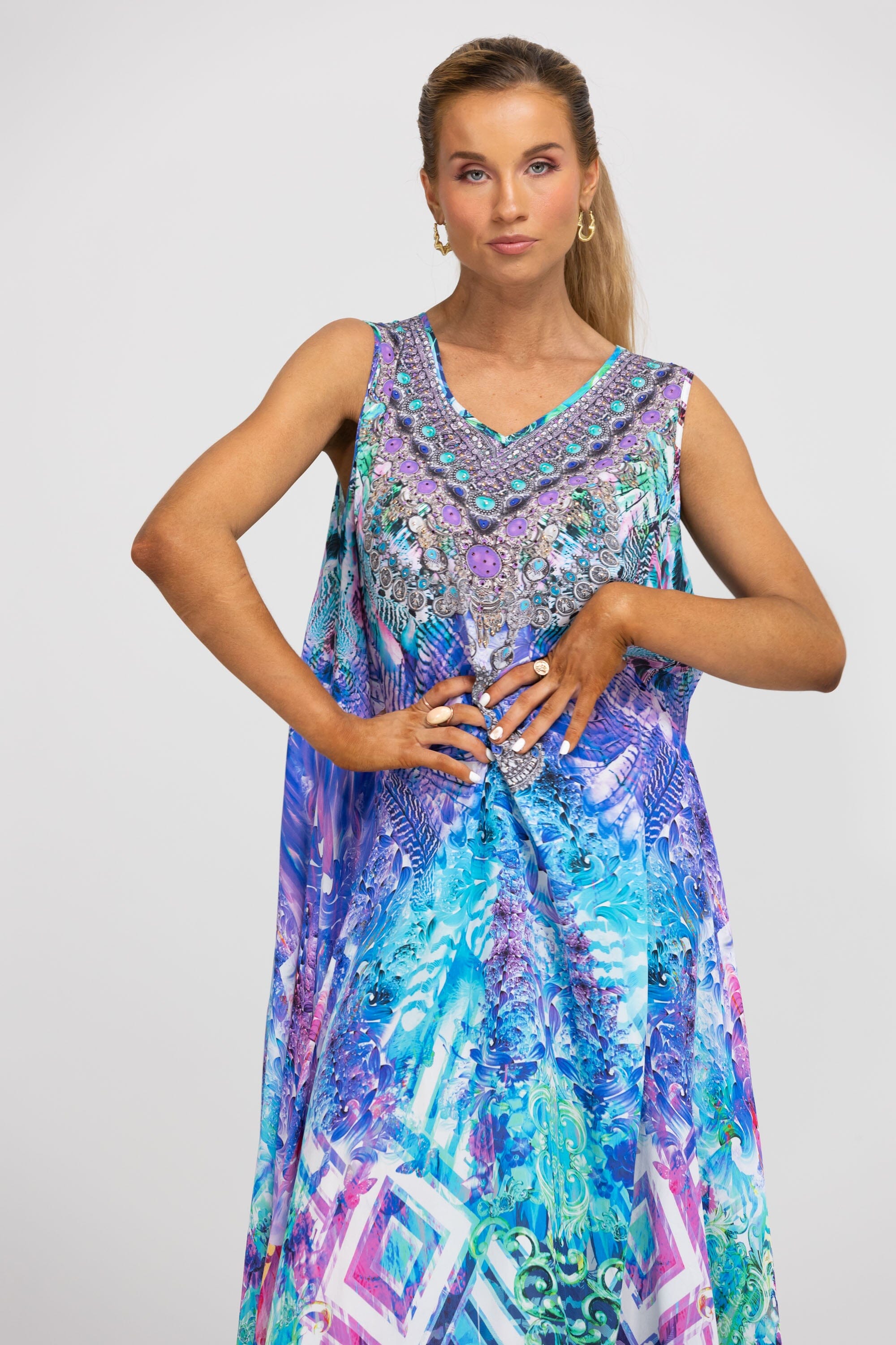 Close front view of the Bondi Resortwear Zaffari Maxi Dress highlighting its detailed neckline and summer prints