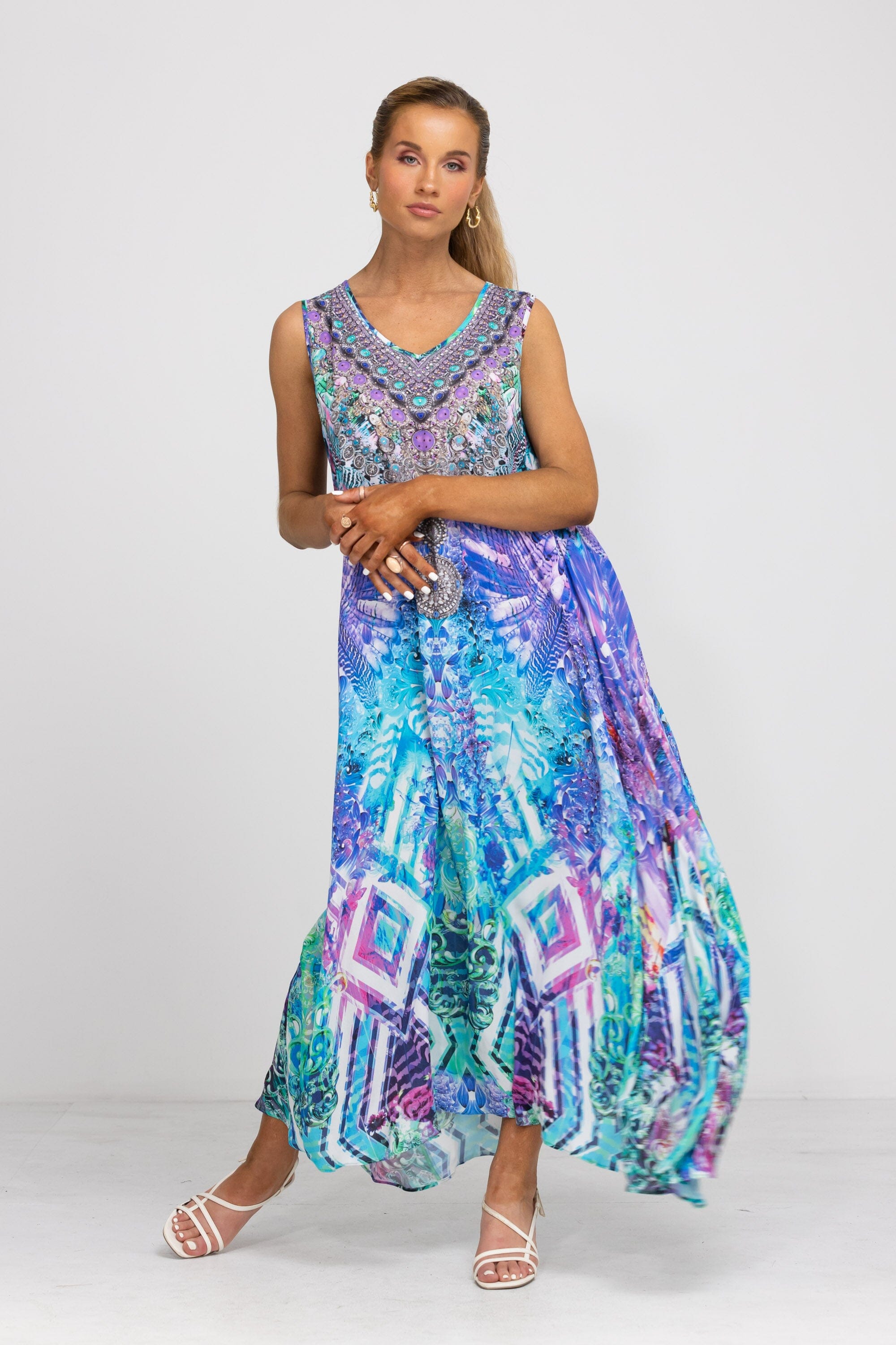 Model wearing the Zaffari Maxi Dress by Bondi Resortwear styled for elegant coastal resort wear looks