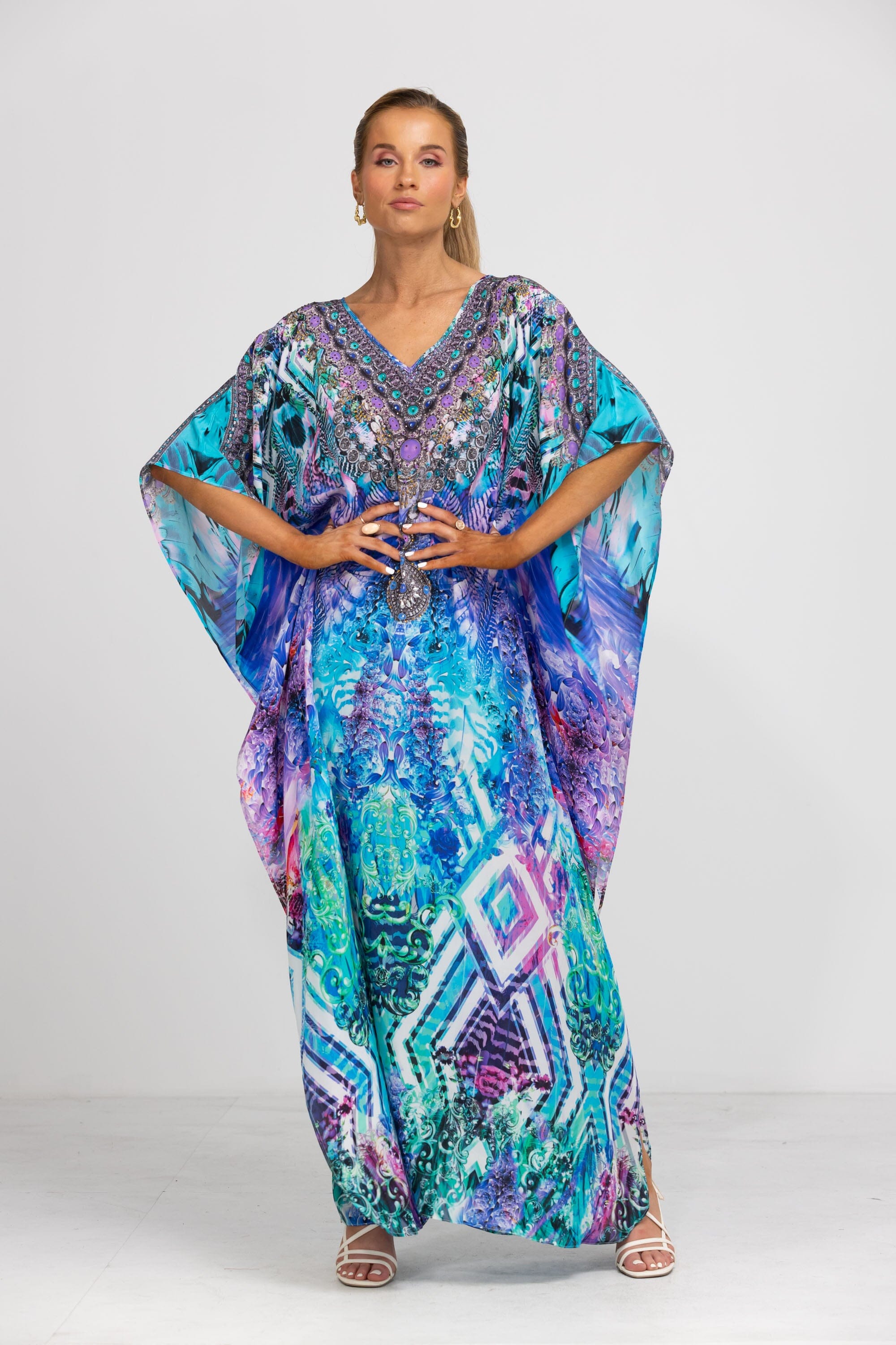 Front view of the Blue, White, Purple & Black, Red Indigo Summer Long Kaftan (TheSwankStore) Soft Viscose fabric
