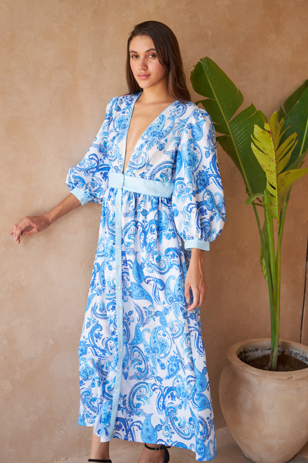 PAISLEY AZURE - SAIGON DRESS (Premium Poly Linen) - TheSwankStore