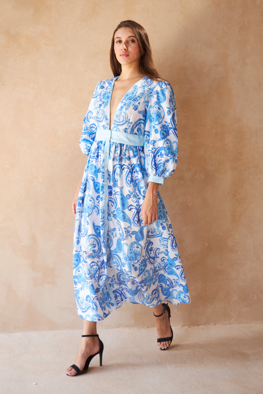 PAISLEY AZURE - SAIGON DRESS (Premium Poly Linen) - TheSwankStore