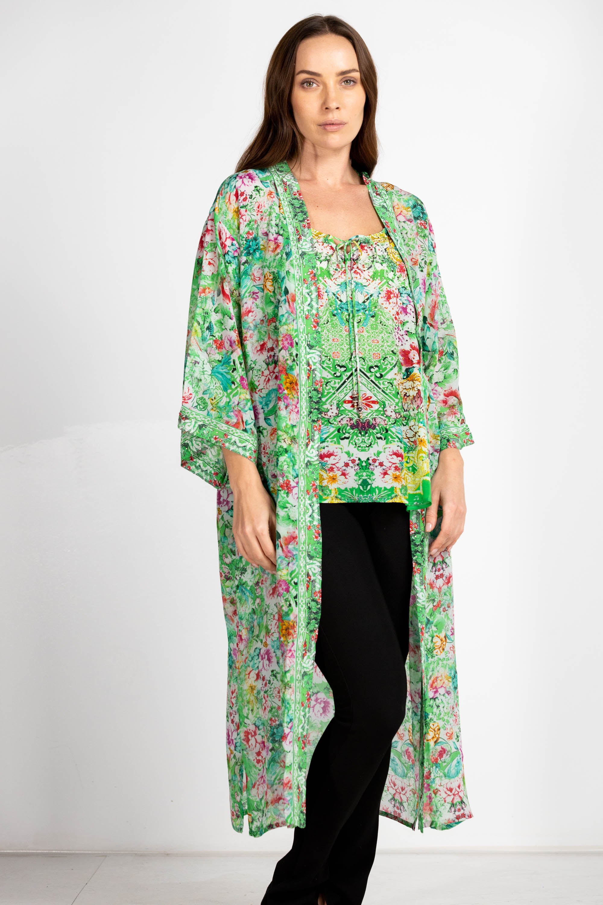 VERSAILLES GARDENIA - KIMONO LONG SHRUG 100% Silk (Size - M/L) - TheSwankStore
