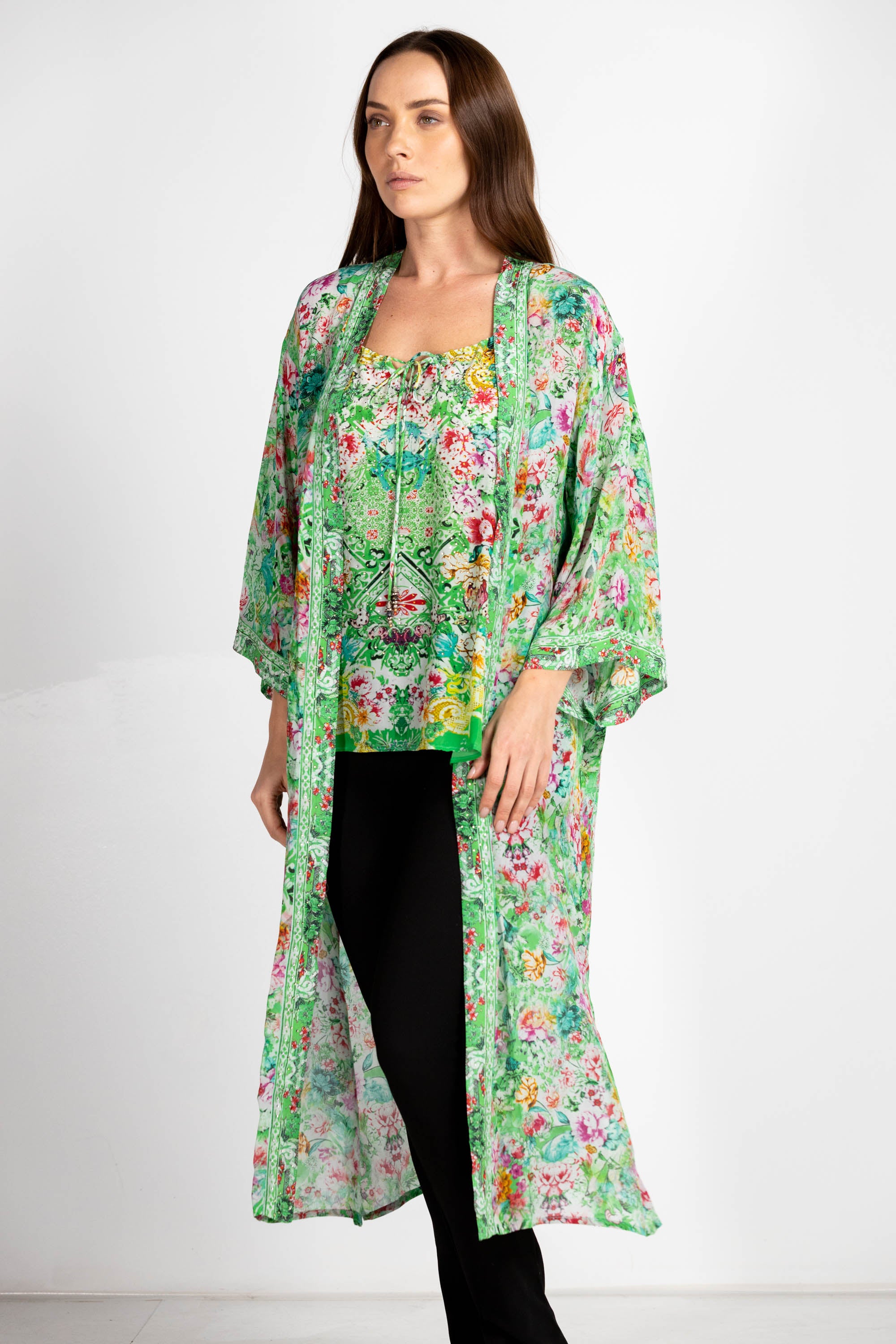 VERSAILLES GARDENIA - KIMONO LONG SHRUG 100% Silk (Size - M/L) - TheSwankStore