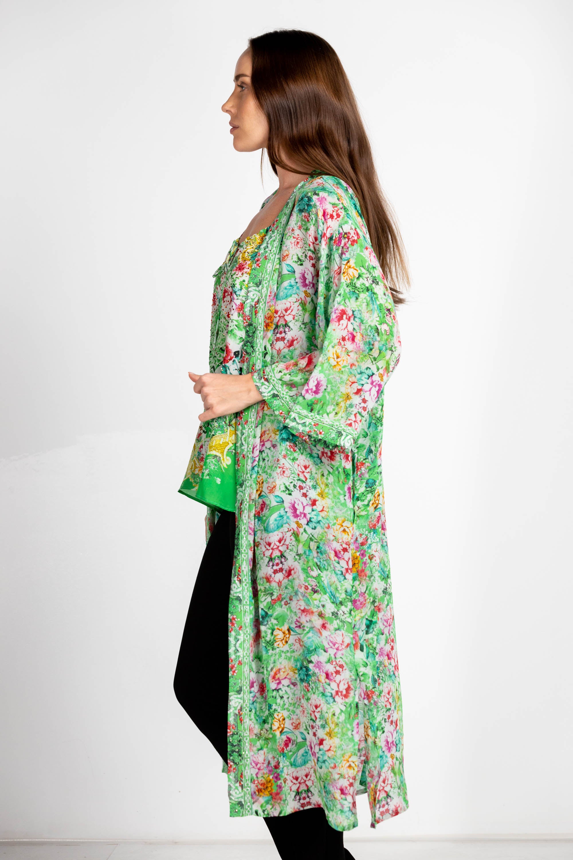 VERSAILLES GARDENIA - KIMONO LONG SHRUG 100% Silk (Size - M/L) - TheSwankStore
