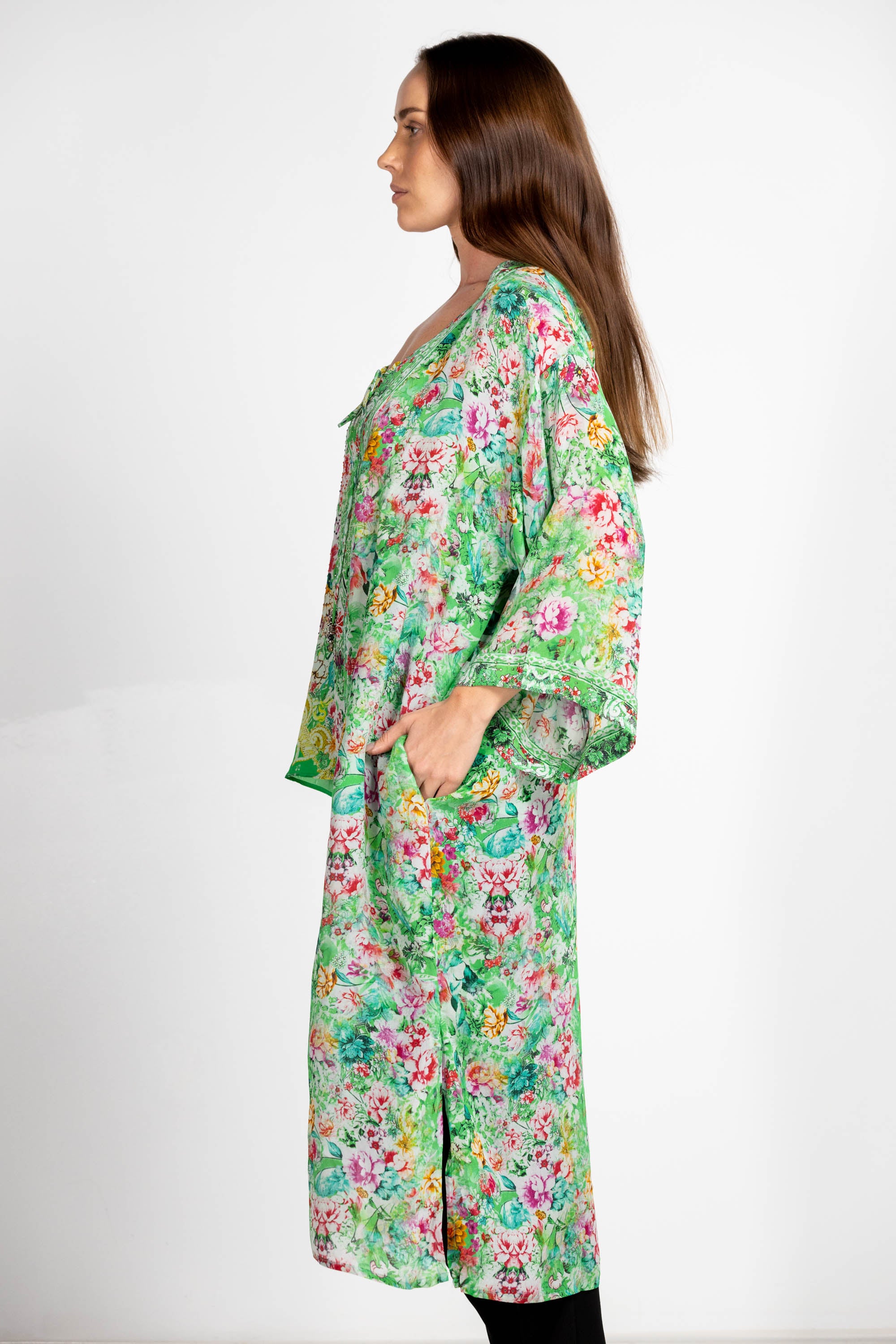 VERSAILLES GARDENIA - KIMONO LONG SHRUG 100% Silk (Size - M/L) - TheSwankStore