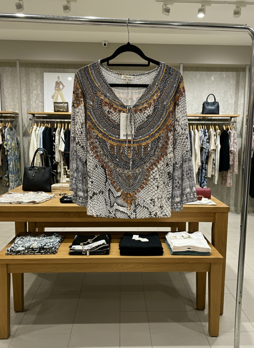 Bondi Resortwear The White Snake Boho Top displayed on a hanger showcasing its vibrant prints and relaxed boho charm