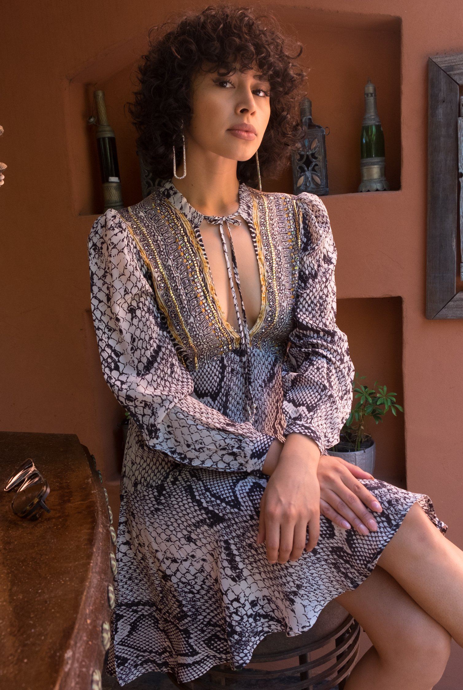 THE WHITESNAKE - Boho Mini Dress With Bell Sleeve - TheSwankStore