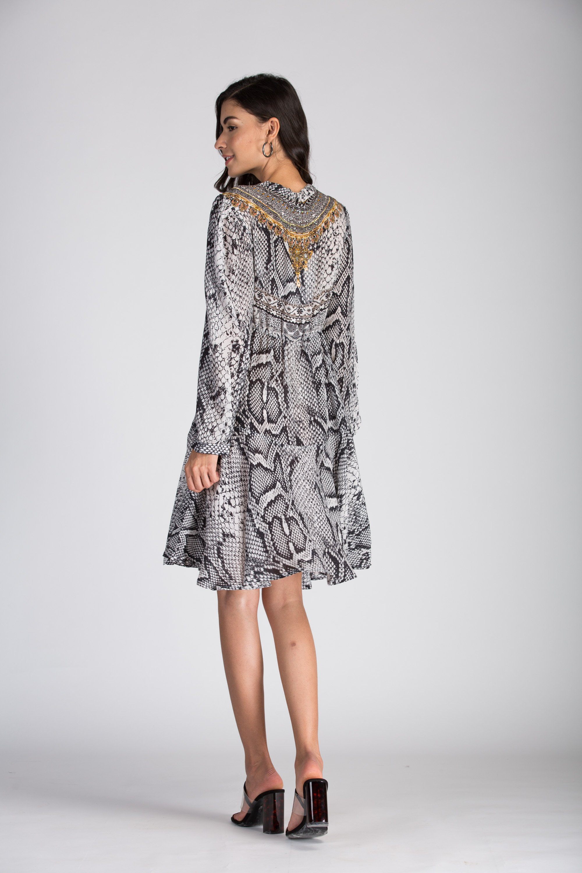 THE WHITESNAKE -  Boho Mini Dress With Bell Sleeve - TheSwankStore