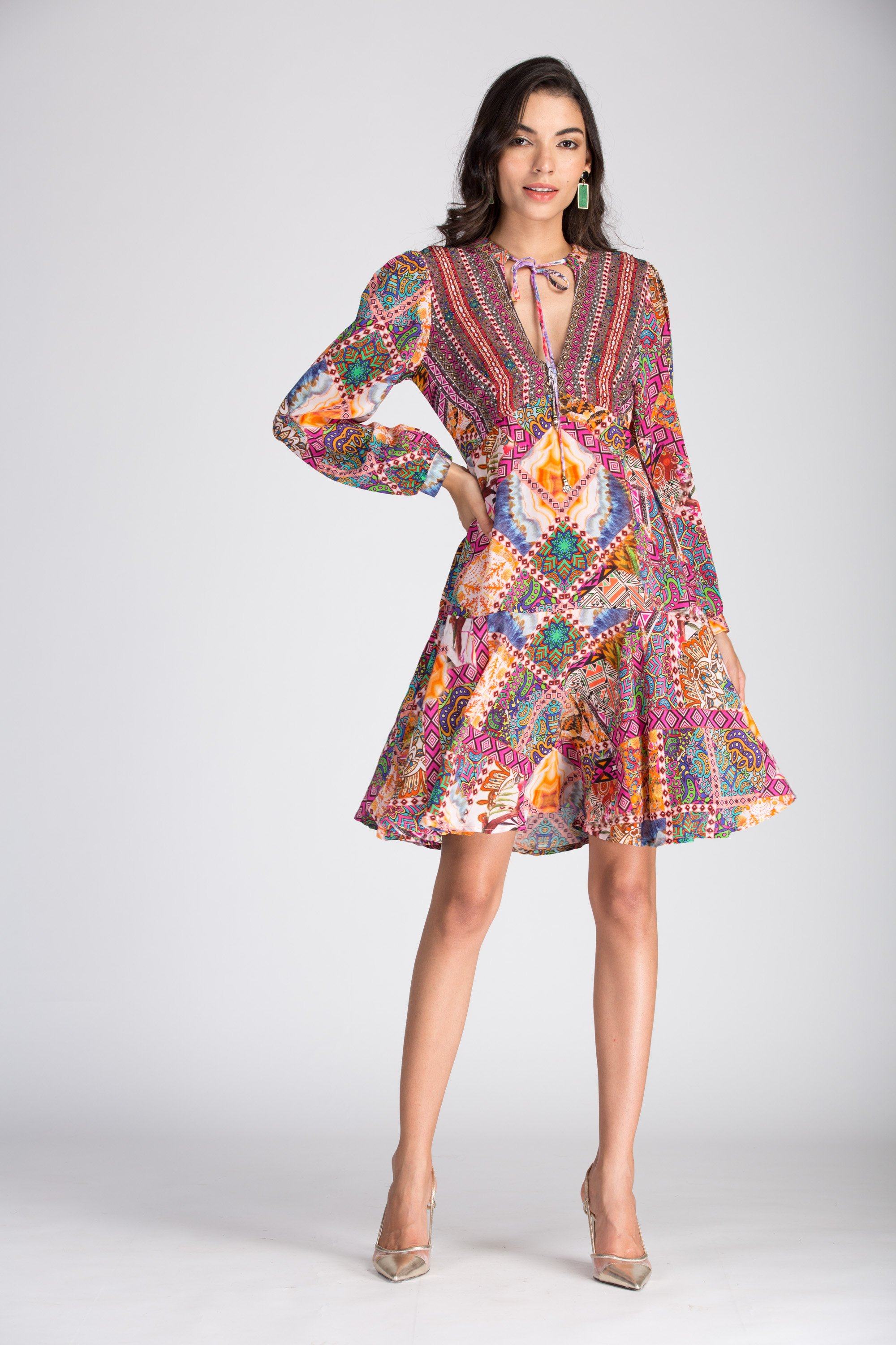 TUNISIA -  Boho Mini Dress With Bell Sleeve - TheSwankStore