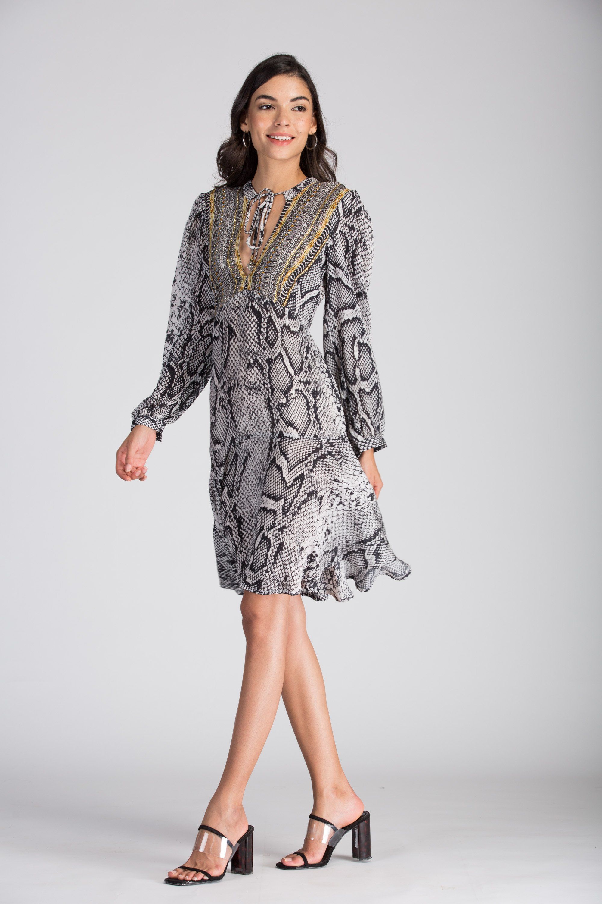 THE WHITESNAKE - Boho Mini Dress With Bell Sleeve - TheSwankStore