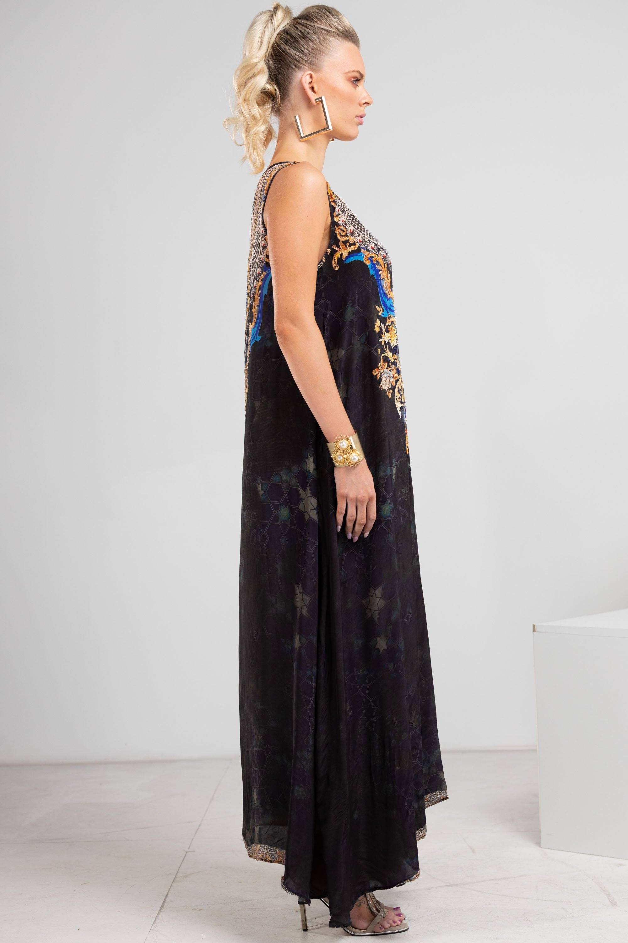 Sideview of the Midnight in Paris Maxi Dress captured on a beach pathway, perfect for maxi dresses resort wear styling