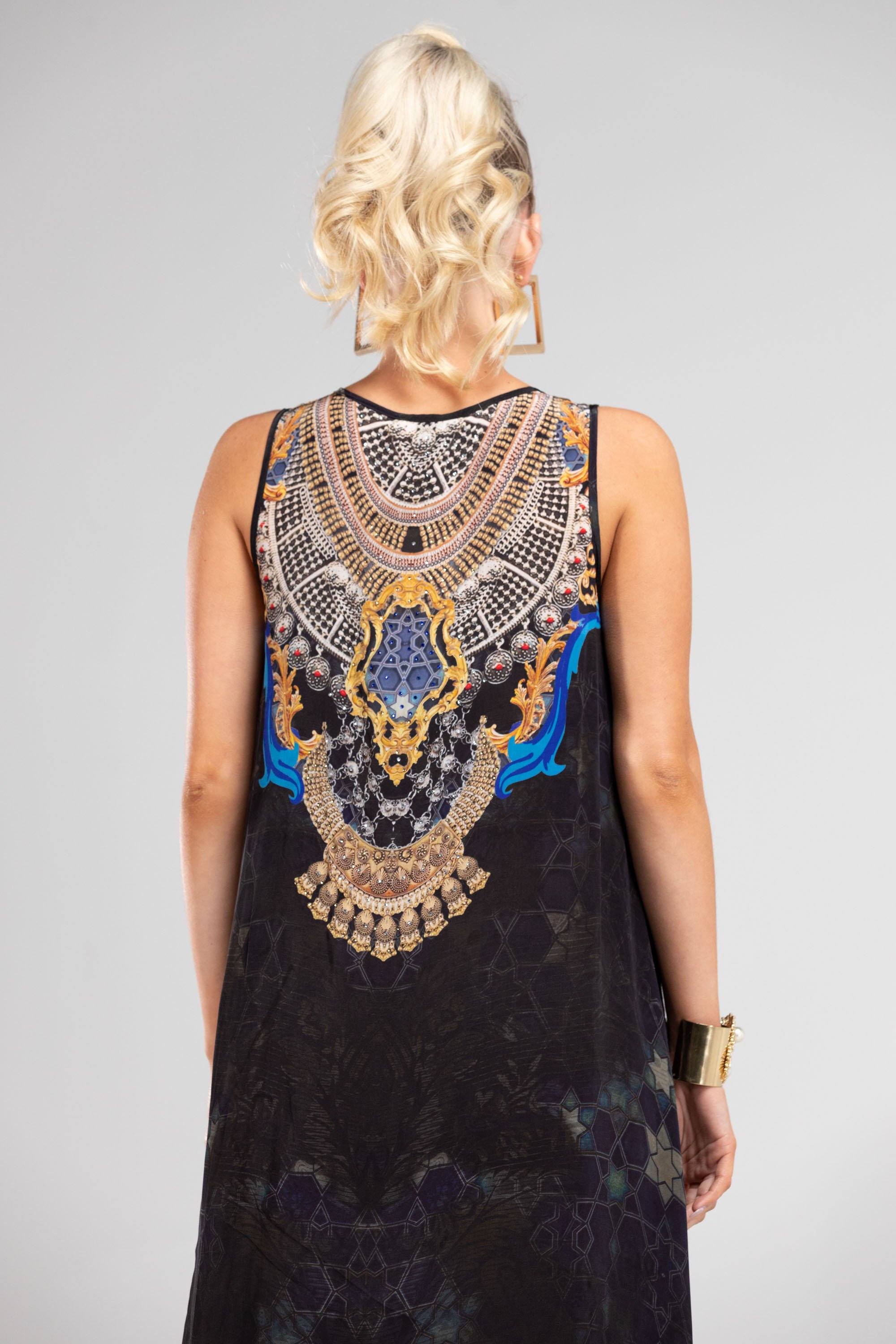 Back view of Midnight in Paris Maxi Dress captured on a beach pathway, perfect for maxi dresses resort wear styling