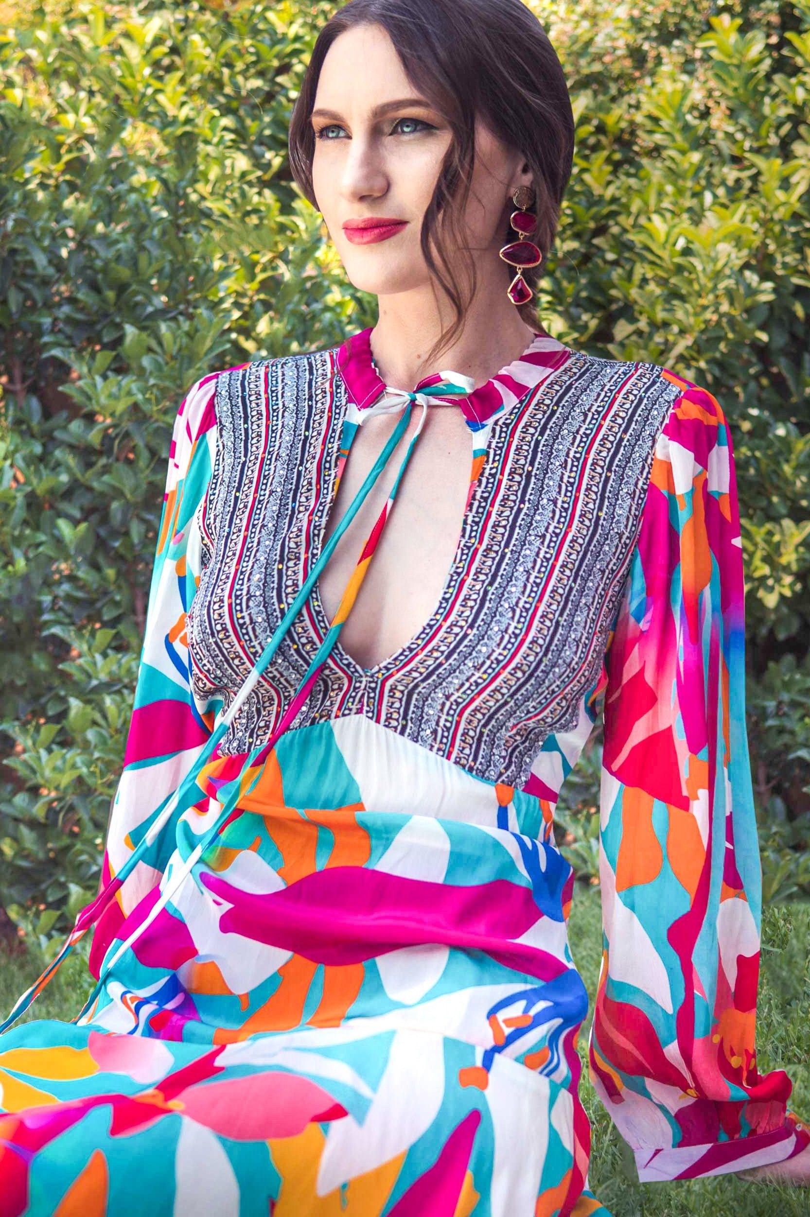 KALEIDOSCOPE - Boho Mini Dress With Bell Sleeve - TheSwankStore