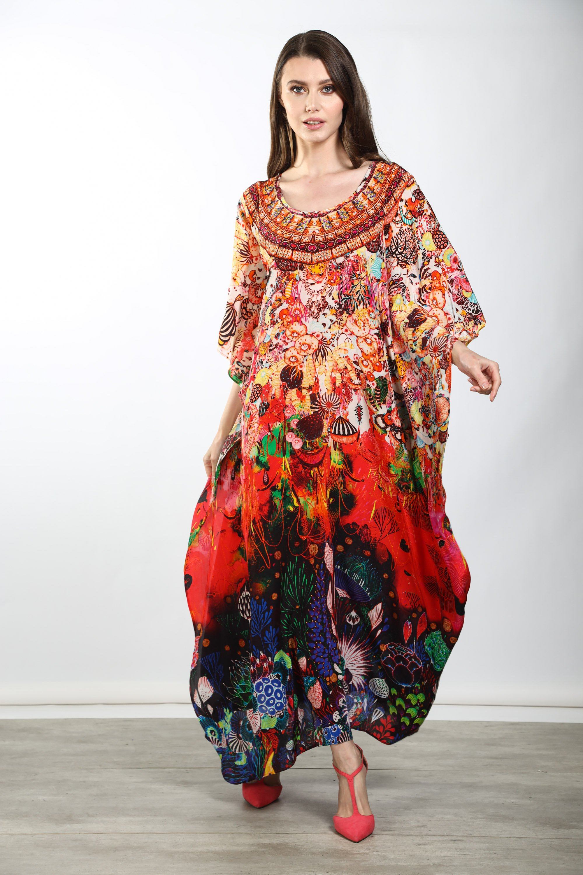 Front view of the Bronze, Blue, Red & Purple Corralle Long Kaftan (TheSwankStore) Soft Viscose fabric