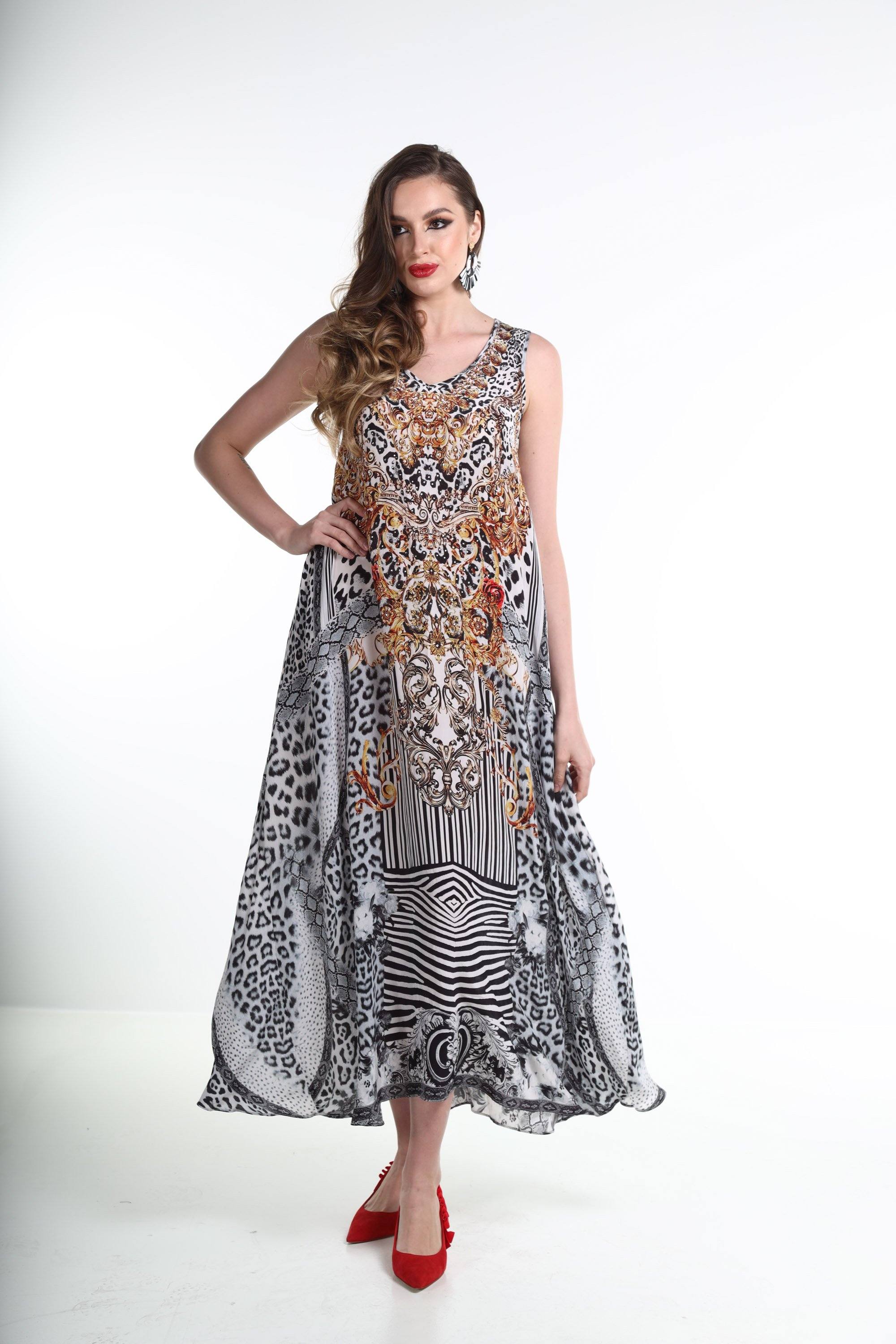 Front view of the Black, White & Orange Zaffari Sleeveless Maxi Dress (TheSwankStore) Soft Viscose fabric