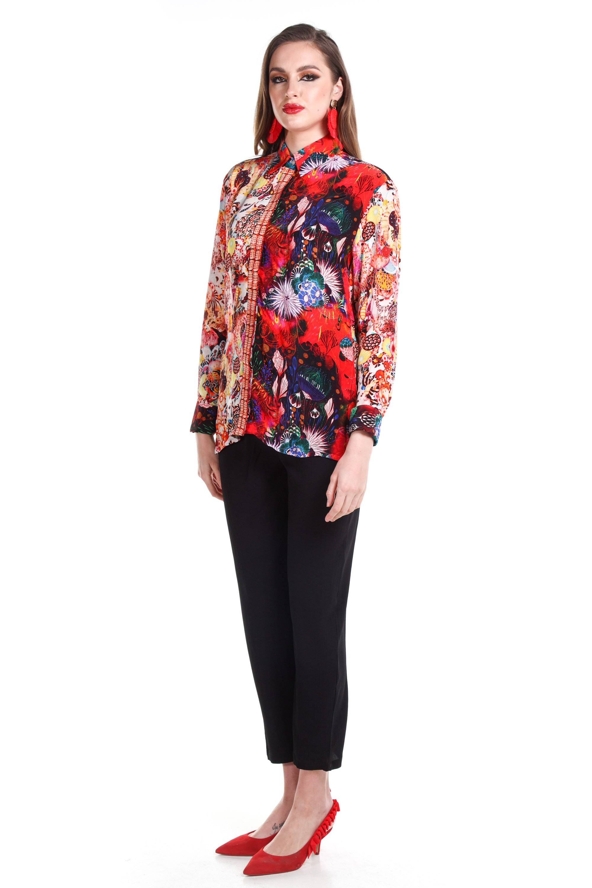 Side view of the Bronze, Blue, Red & Purple Corralle Collar Shirt (TheSwankStore) Soft Viscose fabric