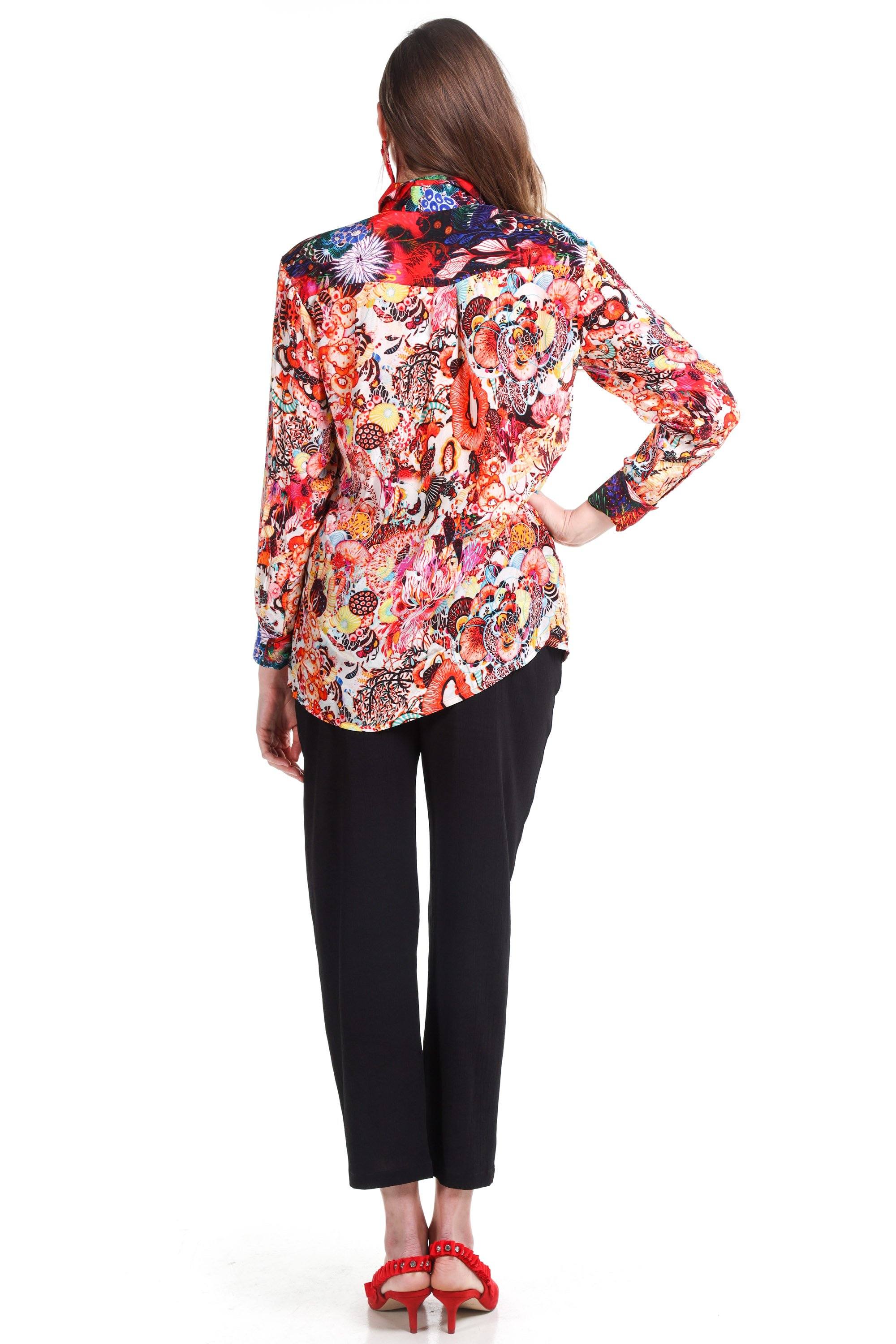 Back view of the Bronze, Blue, Red & Purple Corralle Collar Shirt (TheSwankStore) Soft Viscose fabric