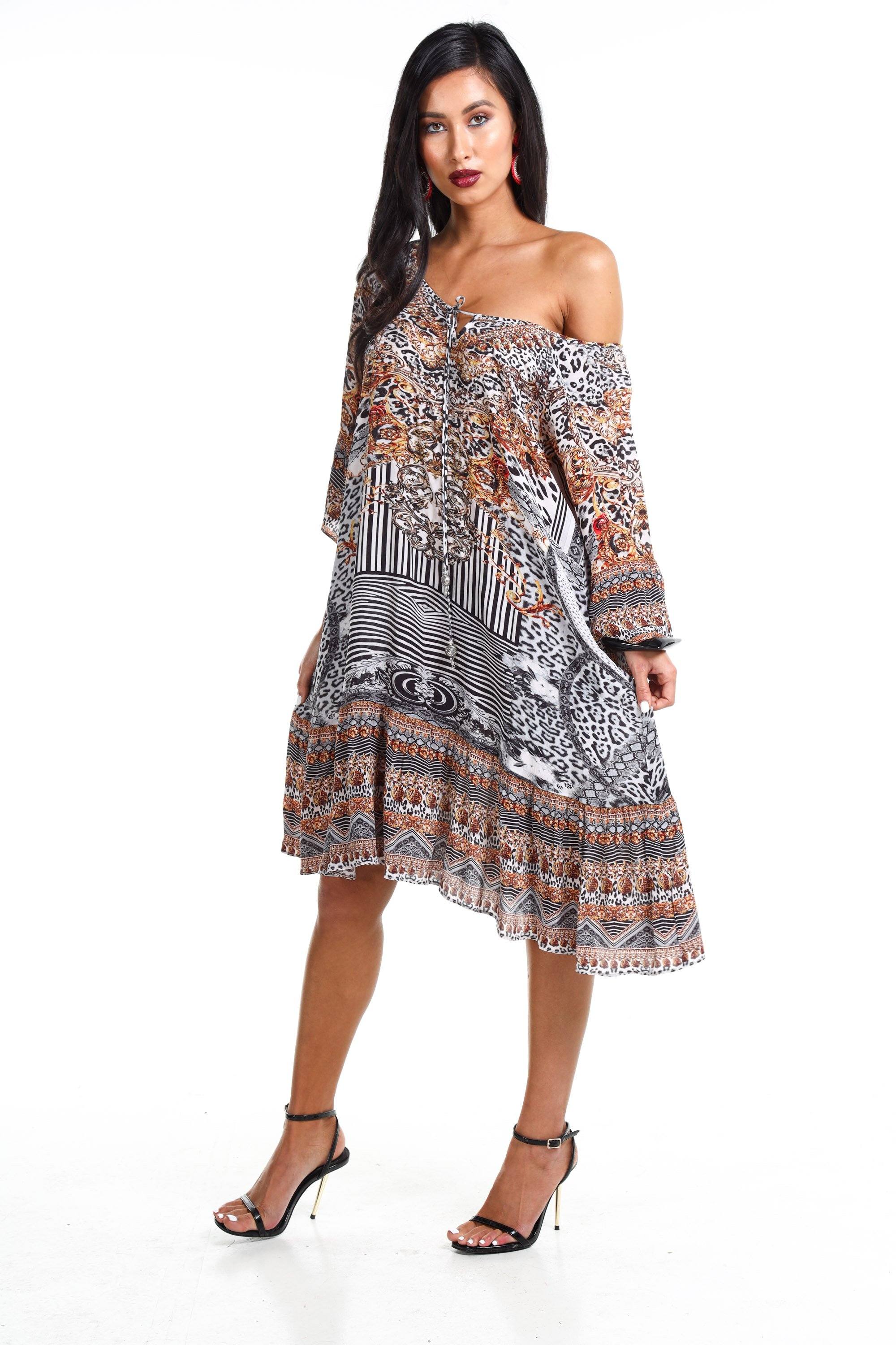 Front view of the Black, White & Orange Zaffari Gypsy Dress (TheSwankStore) Soft Viscose fabric