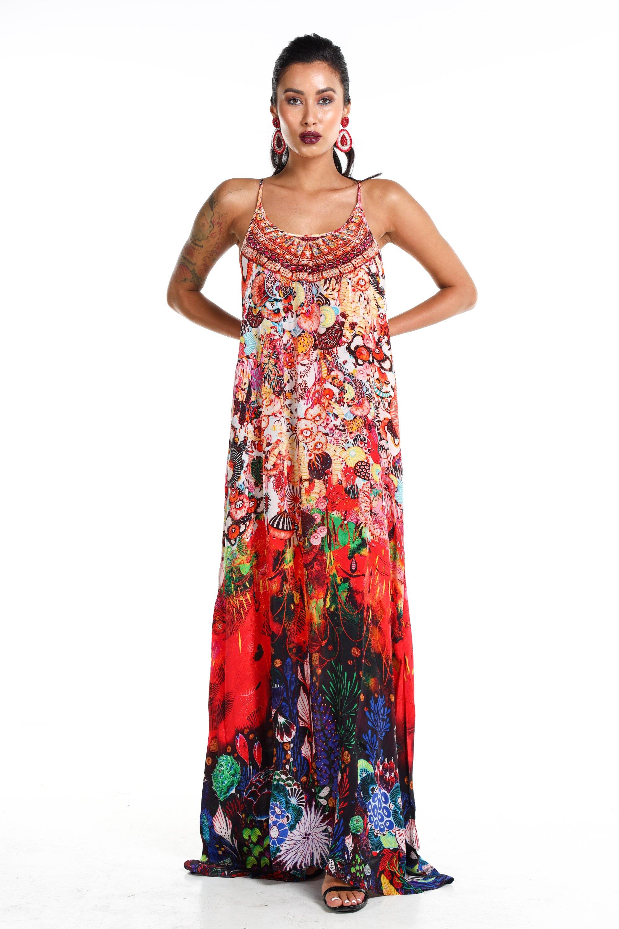 Front view of the Bronze, Blue, Red & Purple Corralle Maxi Dress With Adjustable Straps (TheSwankStore) Soft Viscose fabric