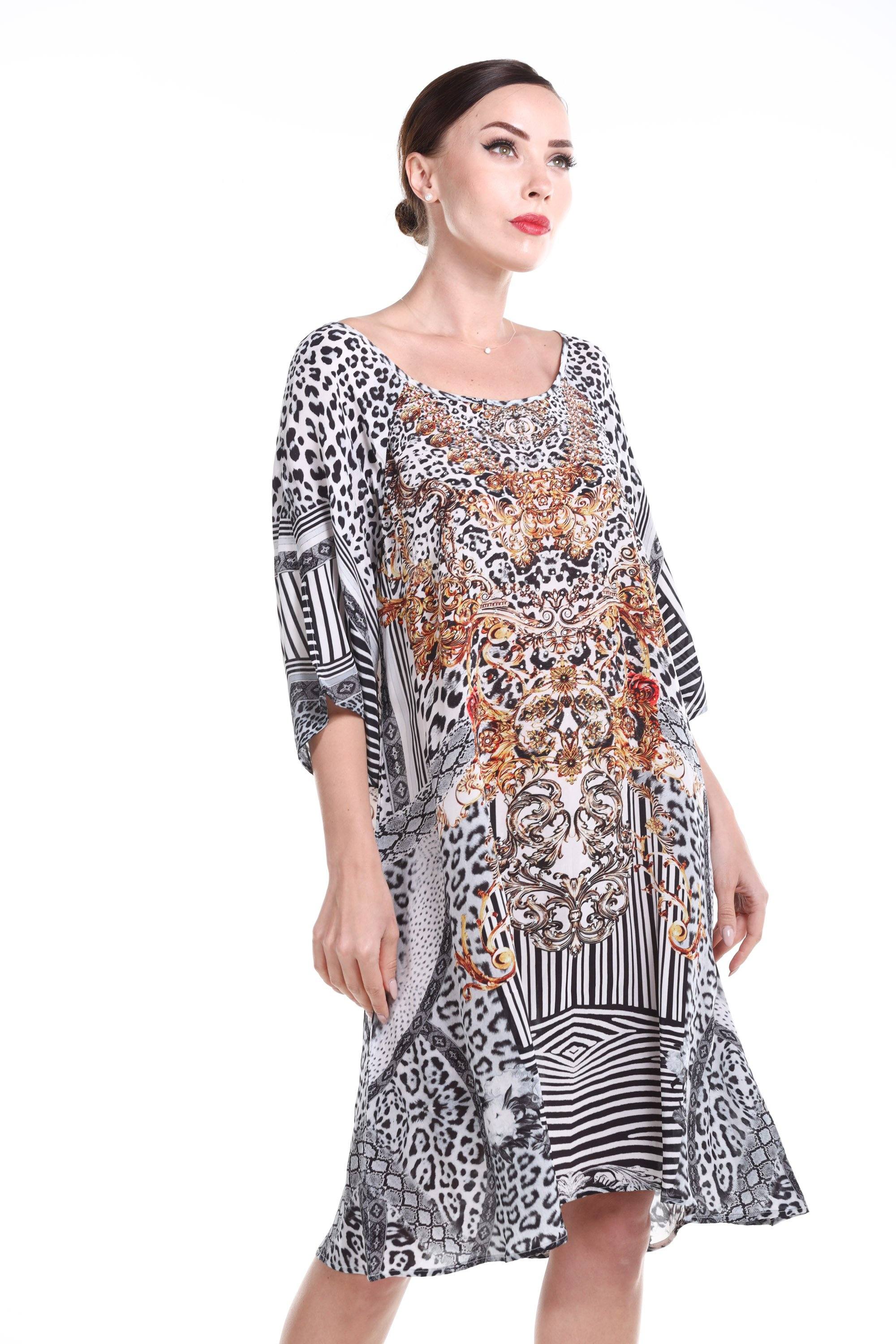 Front view of the Black, White & Orange Zaffari Slit Sleeve Dress (TheSwankStore) Soft Viscose fabric