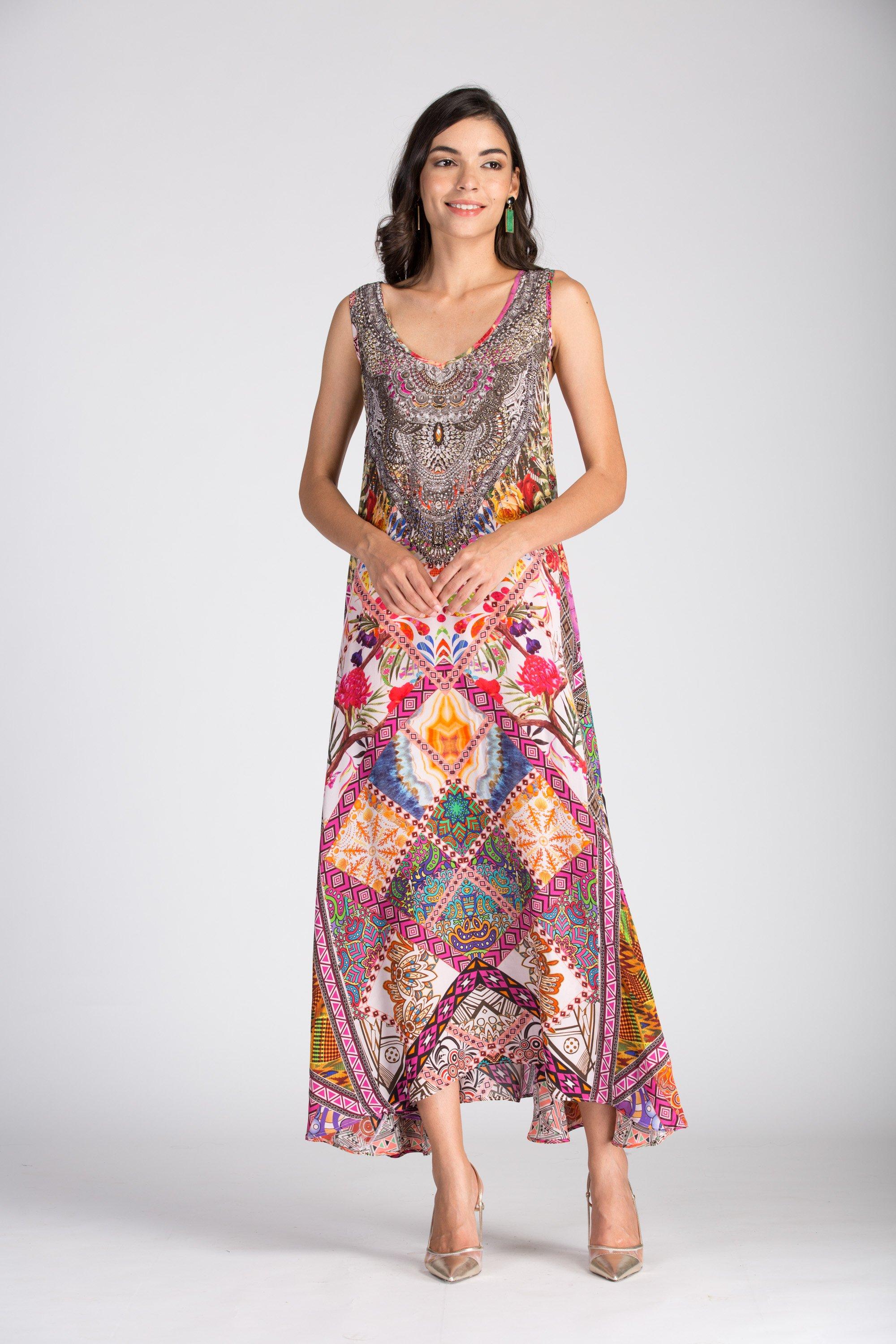 Front view of the flowing Tunisia Sleeveless Maxi Dress, highlighting the maxi-length and the symmetrical kaleidoscopic pattern of the fabric. Branded as Bondi/TheSwankStore.