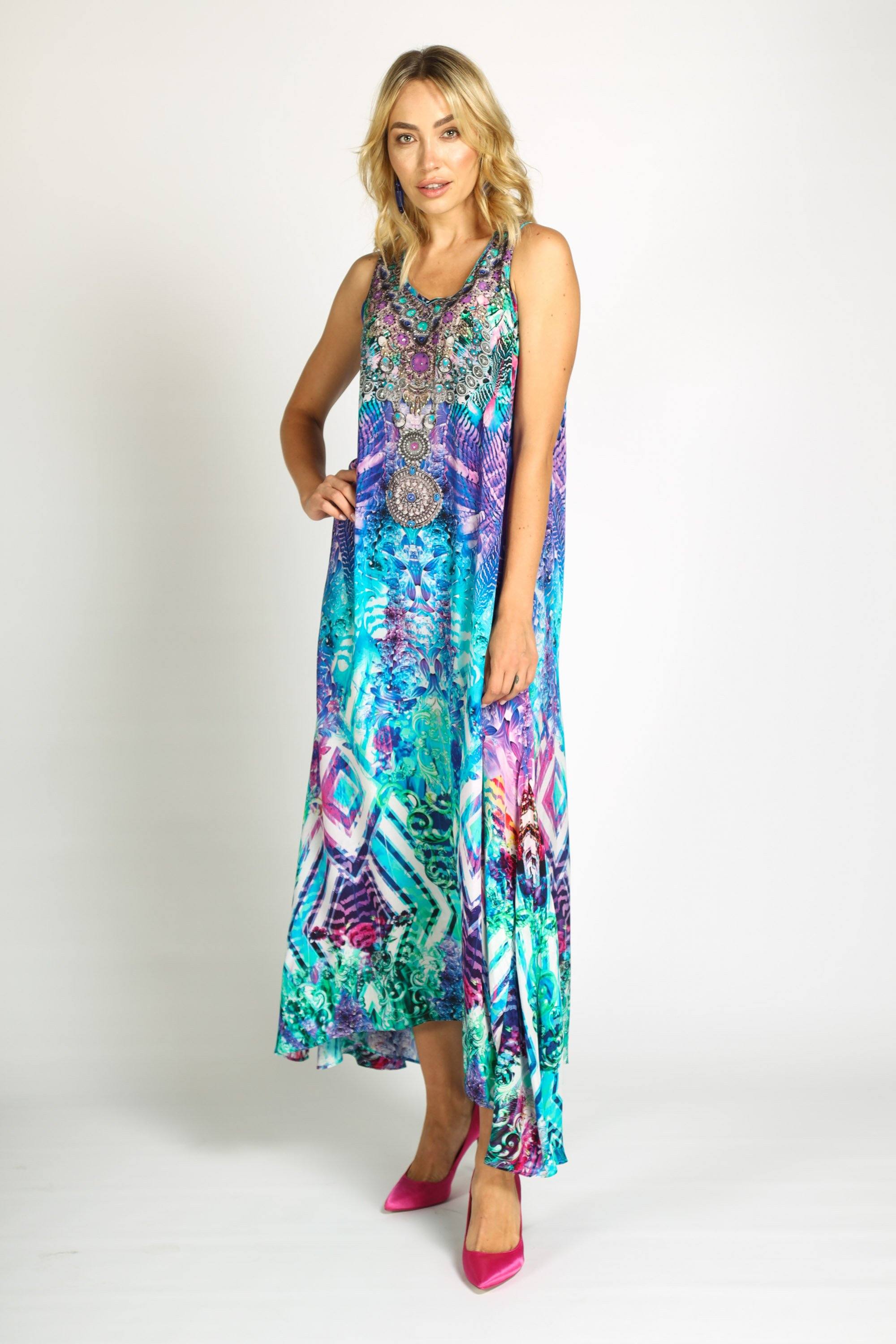 Zaffari Flowing Maxi Dress front angle showcasing Bondi Resortwear’s luxury summer style