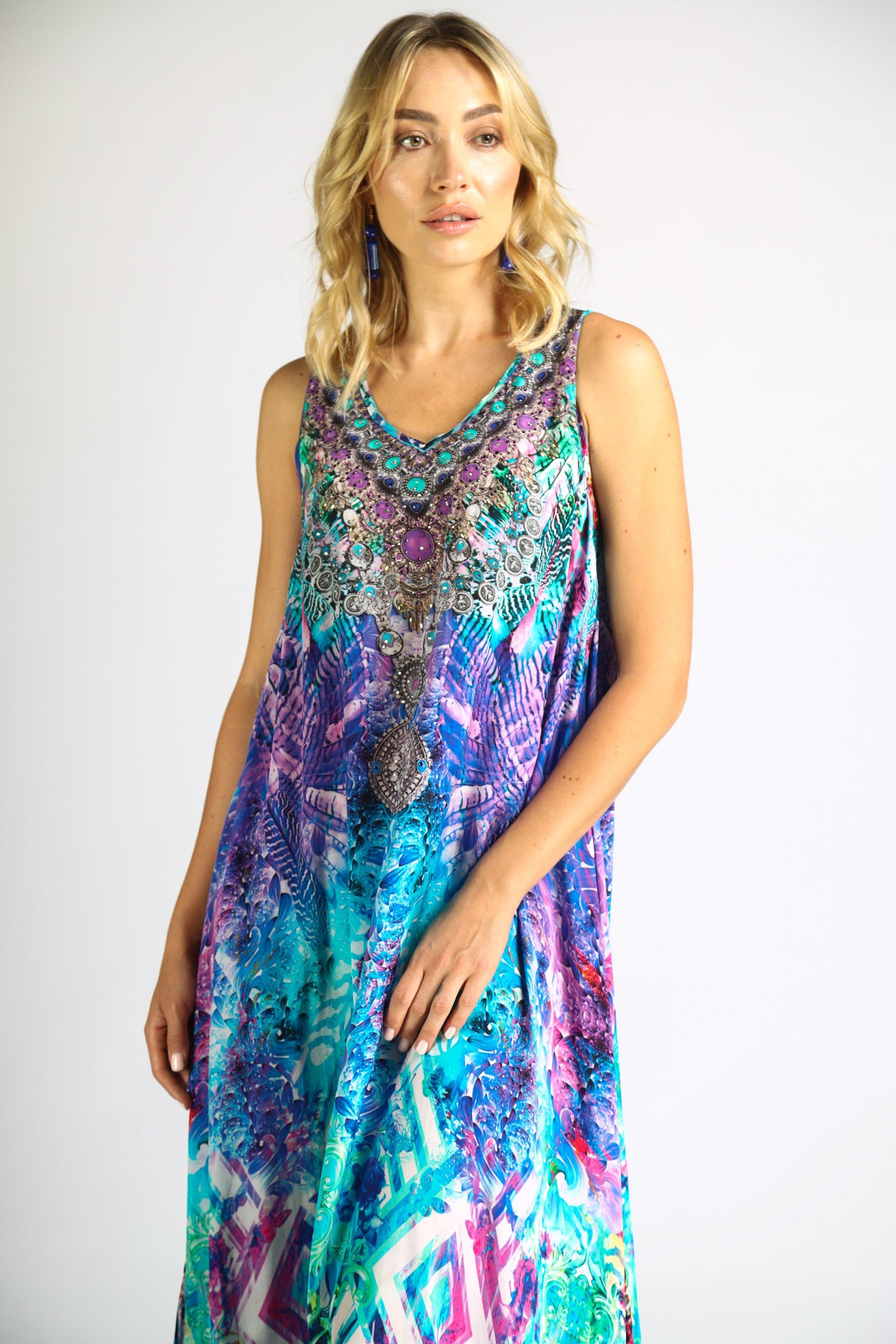 Front view of the Bondi Resortwear Zaffari Flowing Maxi Dress styled as luxury summer resort wear in Australia