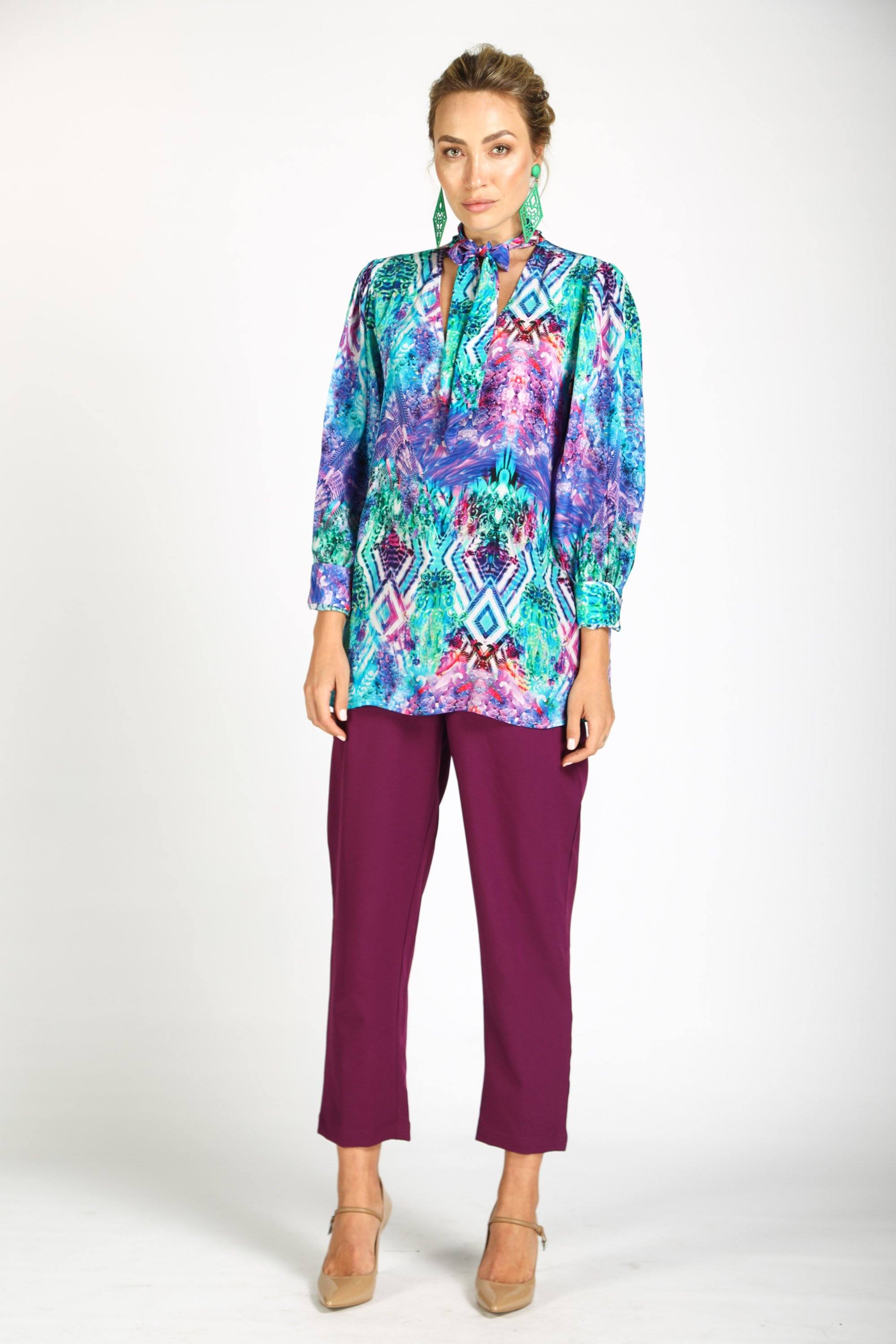 Front view of the Blue, White, Purple & Black, Red Indigo Summer Boheme Shirt With Neck Tie (TheSwankStore) Soft Viscose fabric