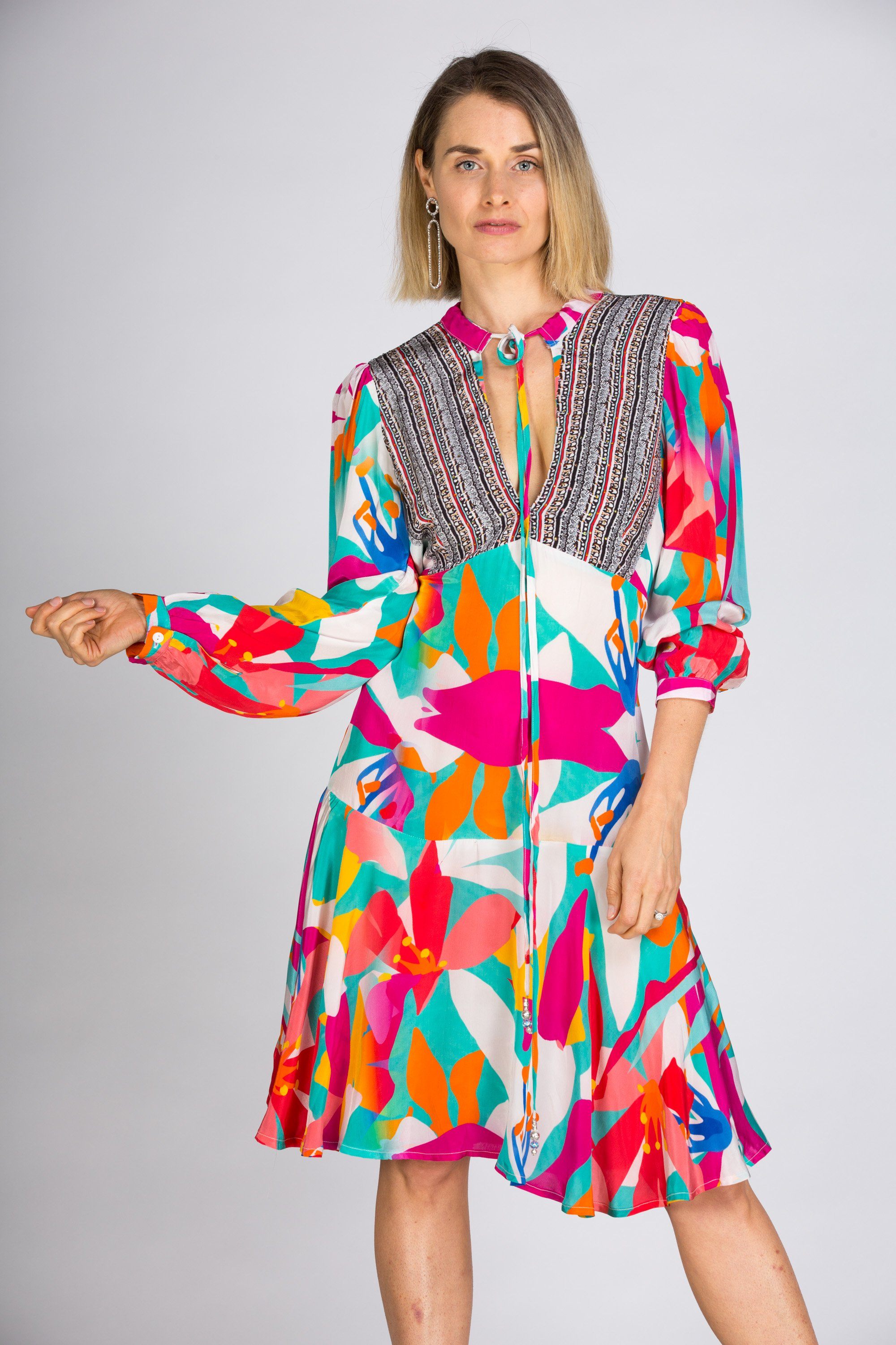 KALEIDOSCOPE -  Boho Mini Dress With Bell Sleeve - TheSwankStore