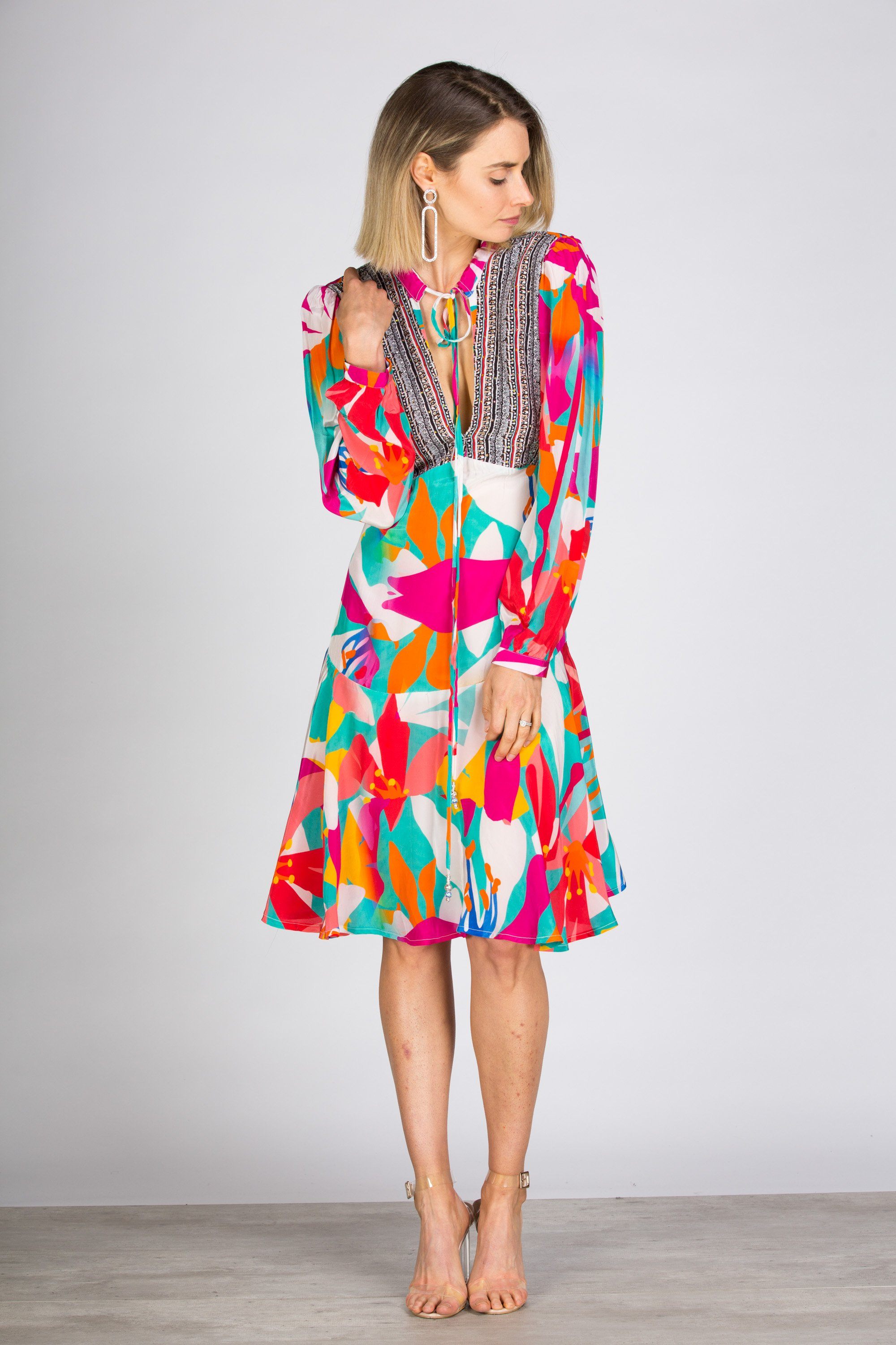 KALEIDOSCOPE -  Boho Mini Dress With Bell Sleeve - TheSwankStore
